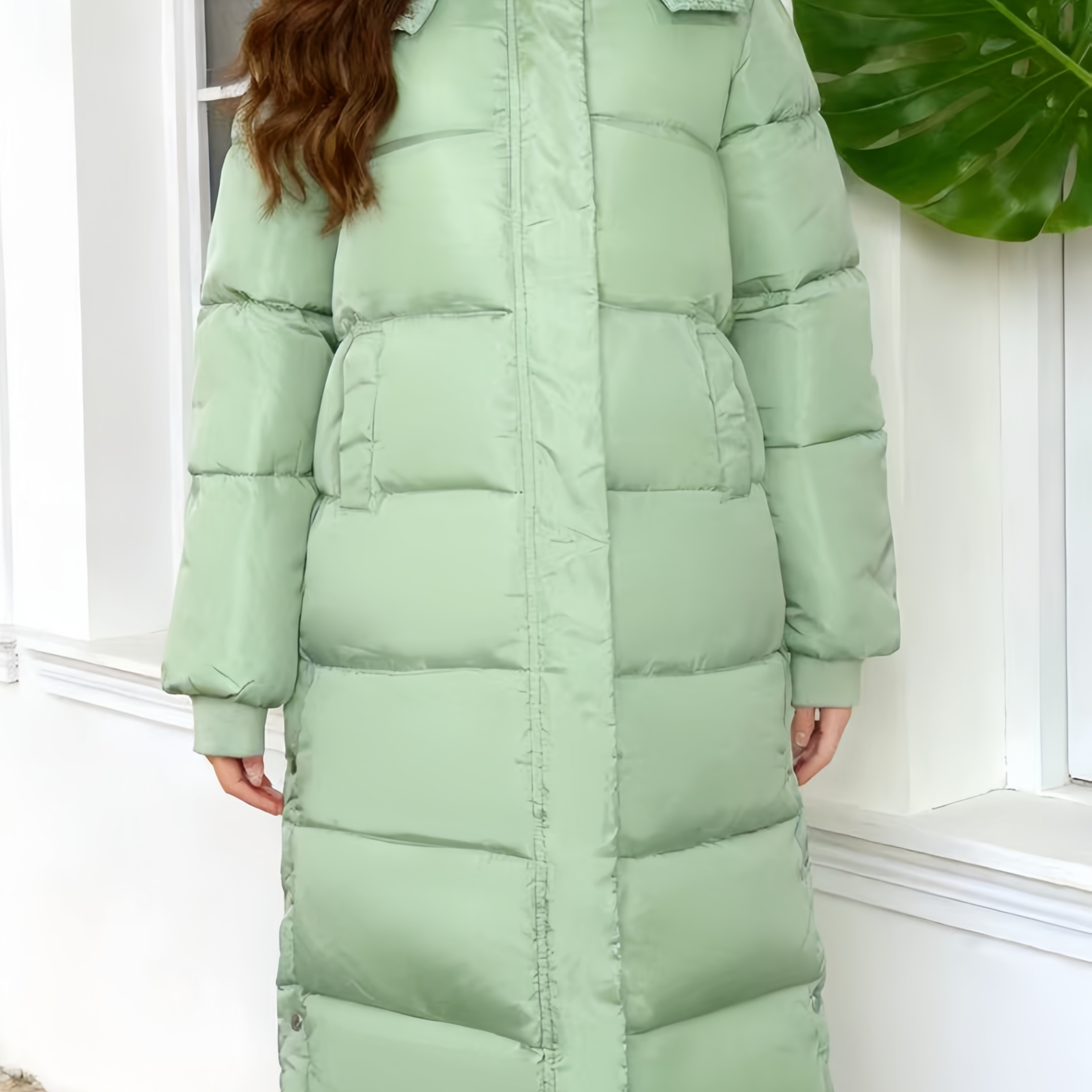 Lysegrønn Lang Vinterfrakk for Kvinner med Ståkrage og Hette, Quiltet  Design, Praktiske Store Lommer, Løs Passform, Casual Stil * og Myk Allsidig  * Vindtett * Yttertøy, image size:3840x3840