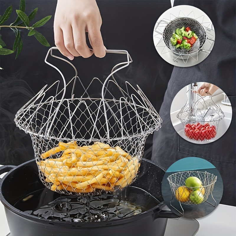 

1pc Folding Frying Basket, Fruit Darining Basket, Stainless Steel Colander, Sieve Mesh Strainer, Kitchen Cooking Tools Accessories