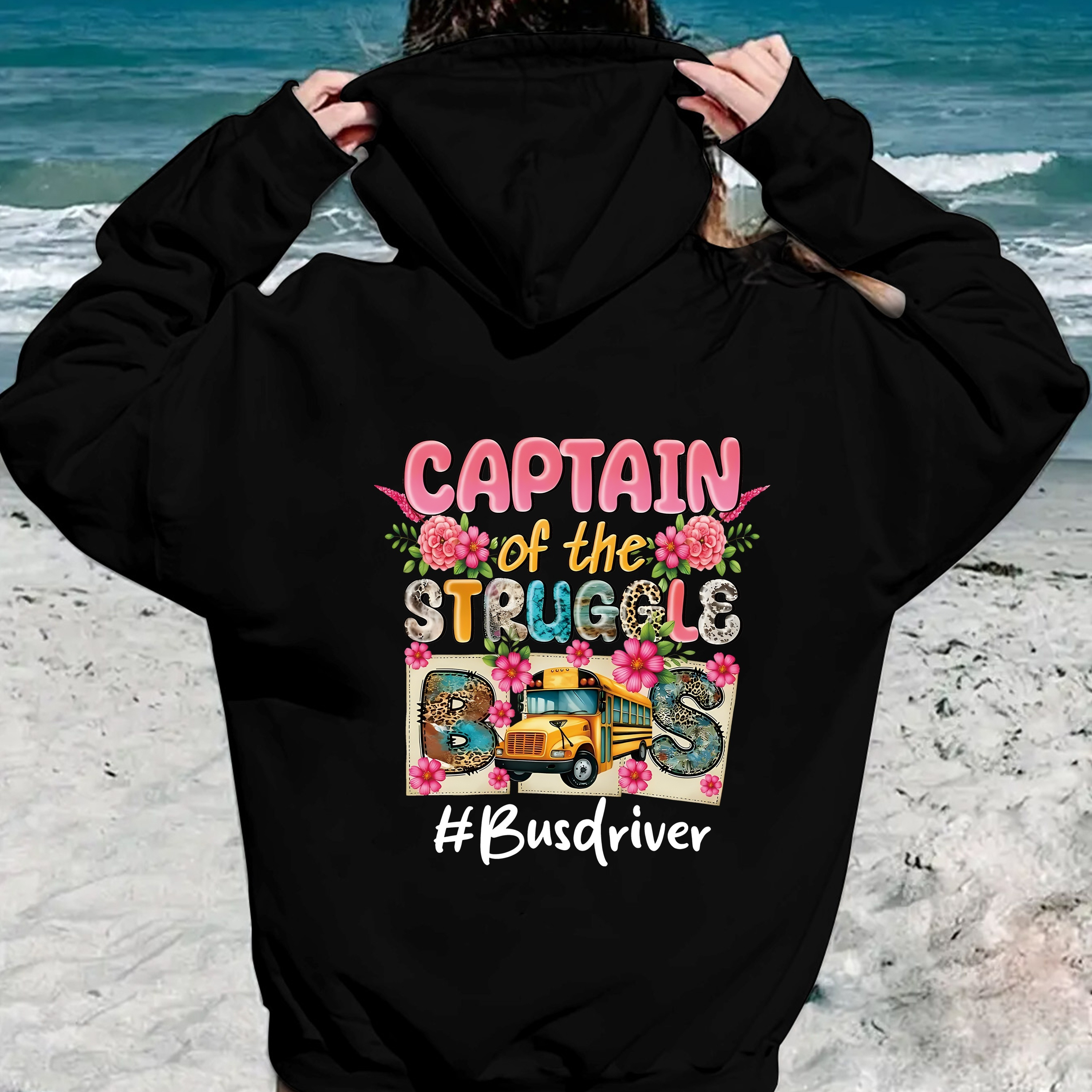 

Women's Casual Hoodie With School Bus Graphic, Lettering & Drawstring – 100% Polyester, Long Sleeve Pullover Hooded Sweatshirt