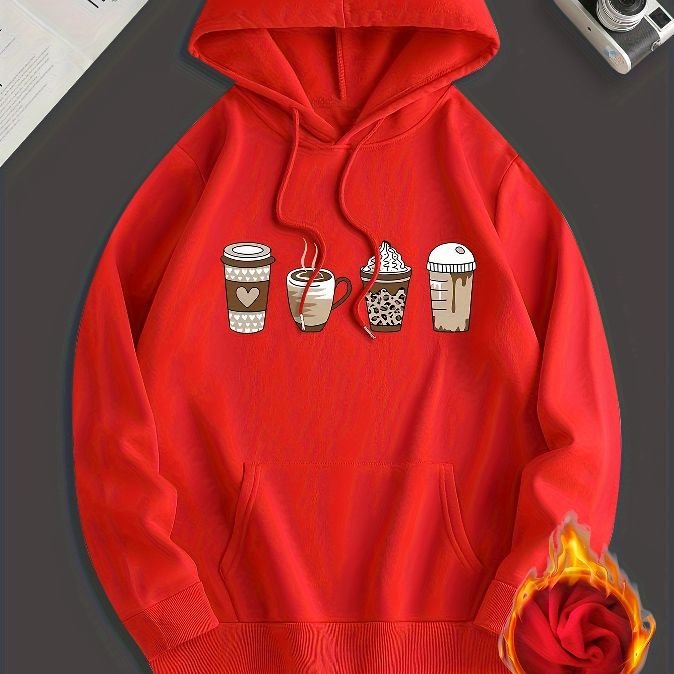 

Long Sleeve Men's Coffee Print, Hoodies Street Casual Sports And Fashionable With Kangaroo Pocket Fleece Sweatshirt, Suitable For Outdoor Sports, For Autumn And Winter, Fashionable And Warm
