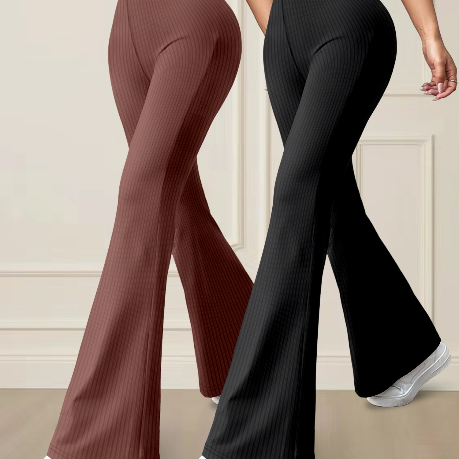 

Women's High-waist & Flare Pants Set - Solid Color, Casual Wear, Machine Washable