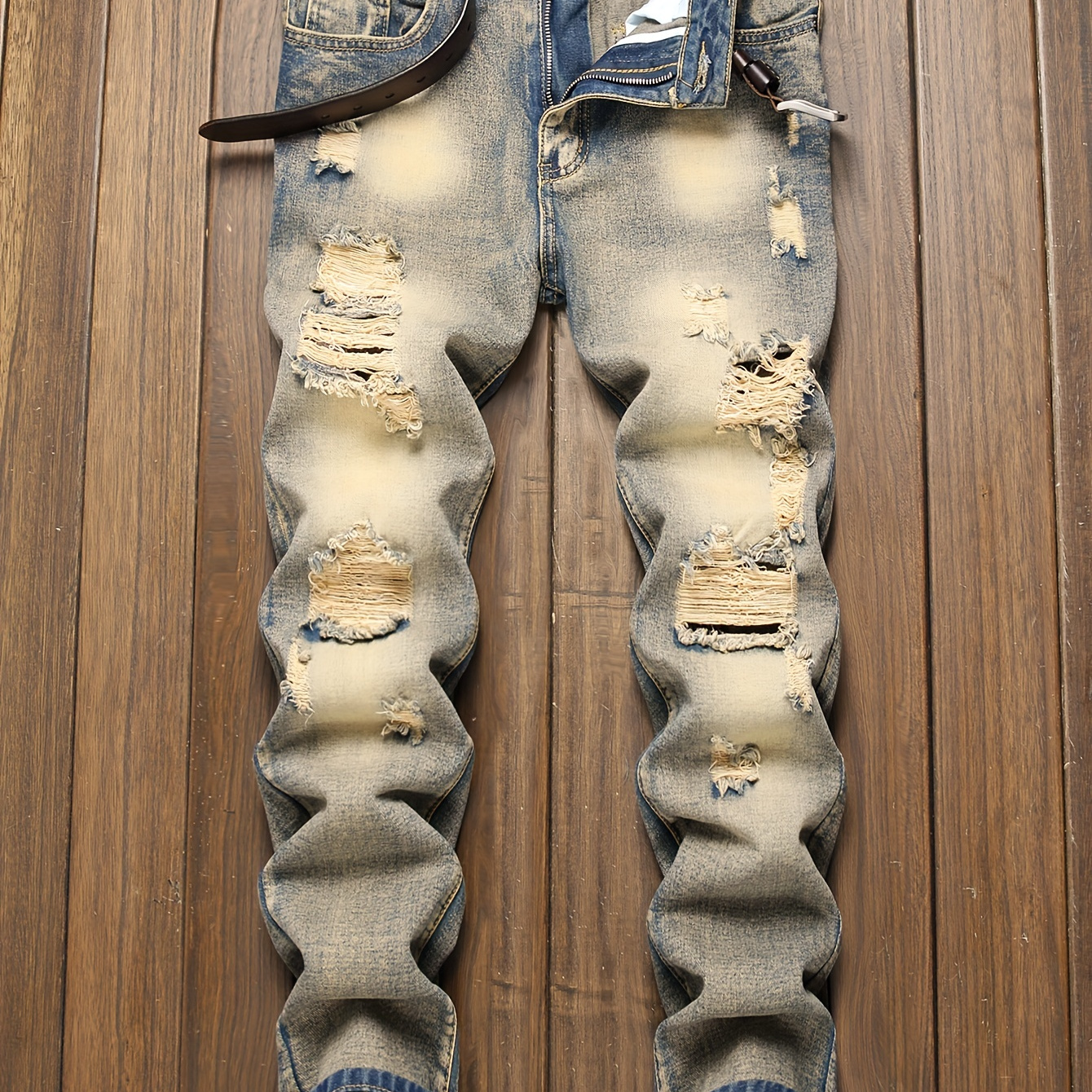 

Men's Retro Slim Fit Ripped Jeans, Men's Casual Street Style Distressed Jeans