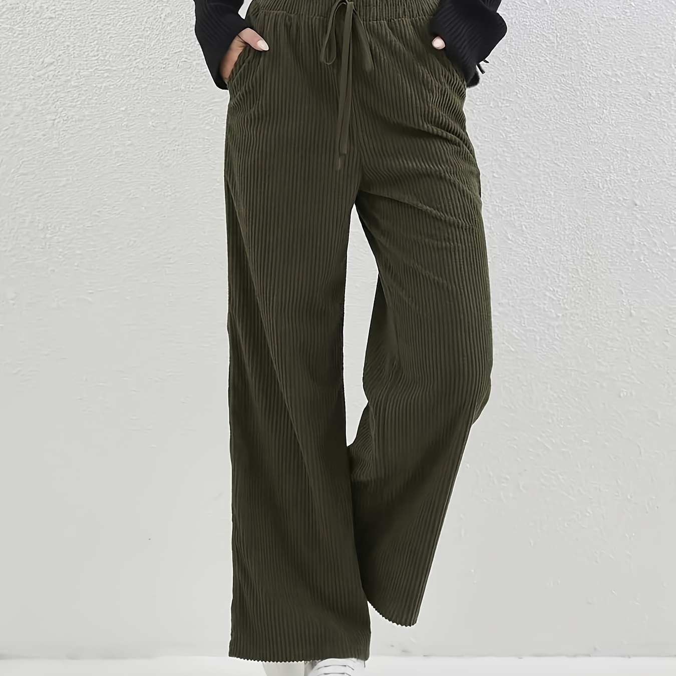 

Solid Corduroy Straight Leg Pants, Casual High Waist Loose Pants With Pocket, Women's Clothing