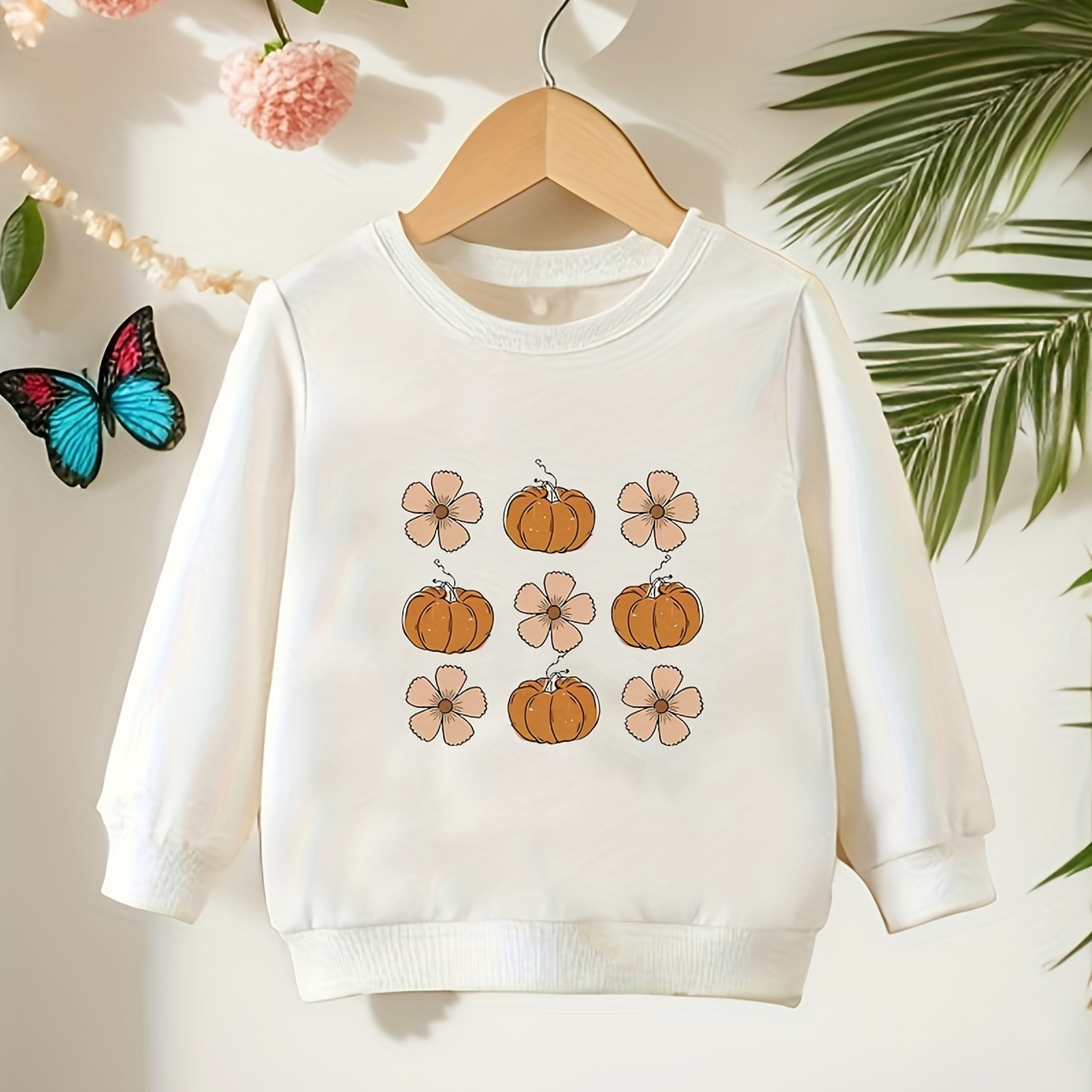 

Girl Flowers And Pumpkins Graphic Crew Neck Sweatshirt, Toddler Kids Party Casual Tops Holiday Gift