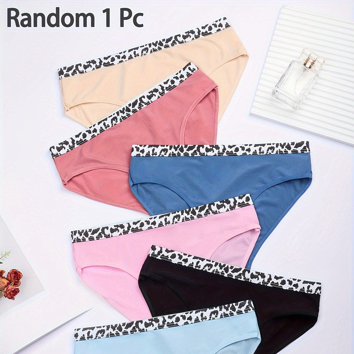 

1/6pcs Random Color Teenage Polyester Threaded Panties Girls Milk Pattern Waistband Solid Color Panties