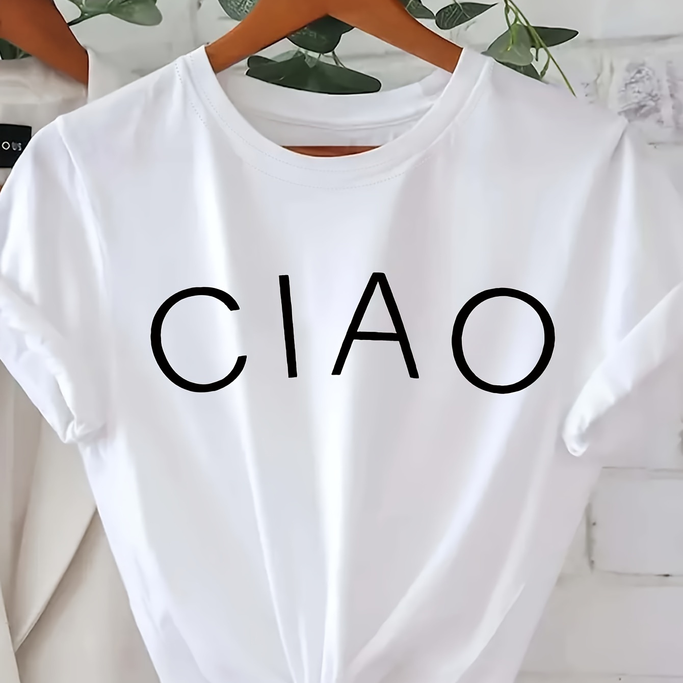 

Ciao Print Crew Neck T-shirt, Casual Short Sleeve Top For Spring & Summer, Women's Clothing