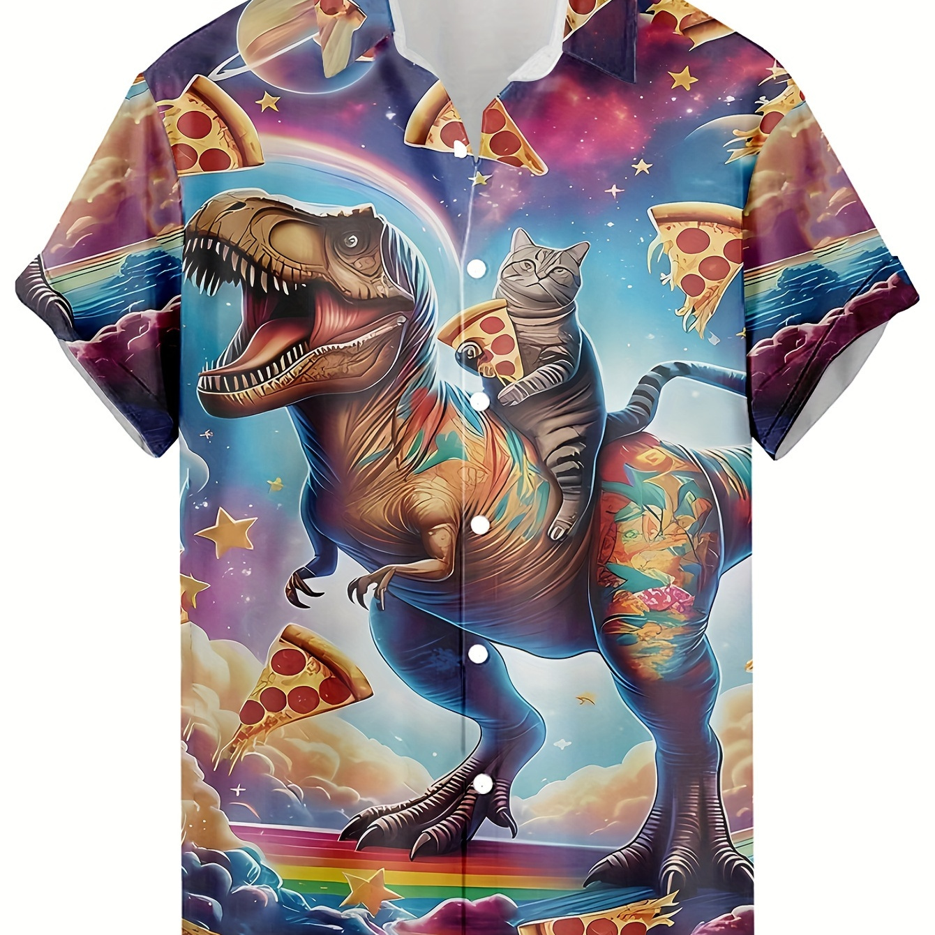 

Men's Casual Polyester Button-down Shirt With Dinosaur, Cat, And Pizza 3d Print - Short Sleeve Lapel Collar Non-stretch Fabric For Summer, Regular Fit Weekend Casual Hawaiian Style Shirt