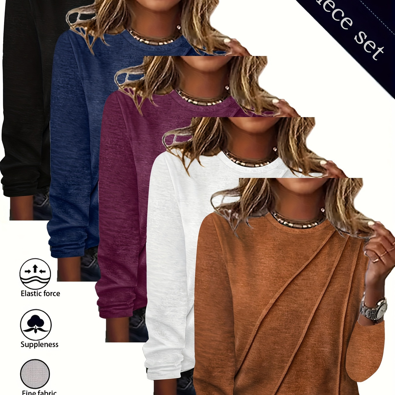 

5-piece Set Women' Color Crew Neck Long Sleeve T-shirts, Casual Polyester Knit Tops, Regular Length, All , Assorted Colors