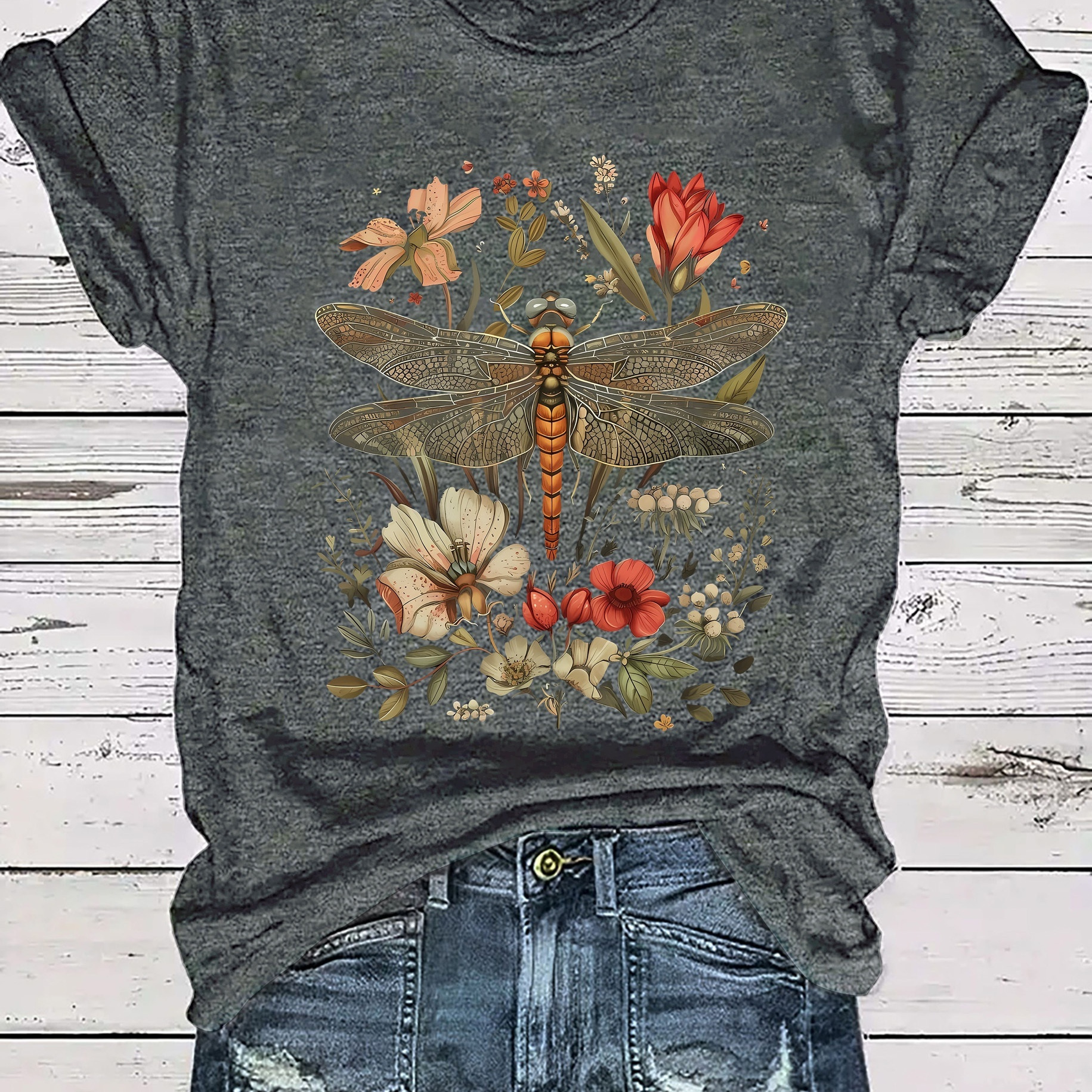 

Women's Dragonfly Floral Print T-shirt - Casual Crew Neck Polyester Knit Fabric Tee, Regular Length Top