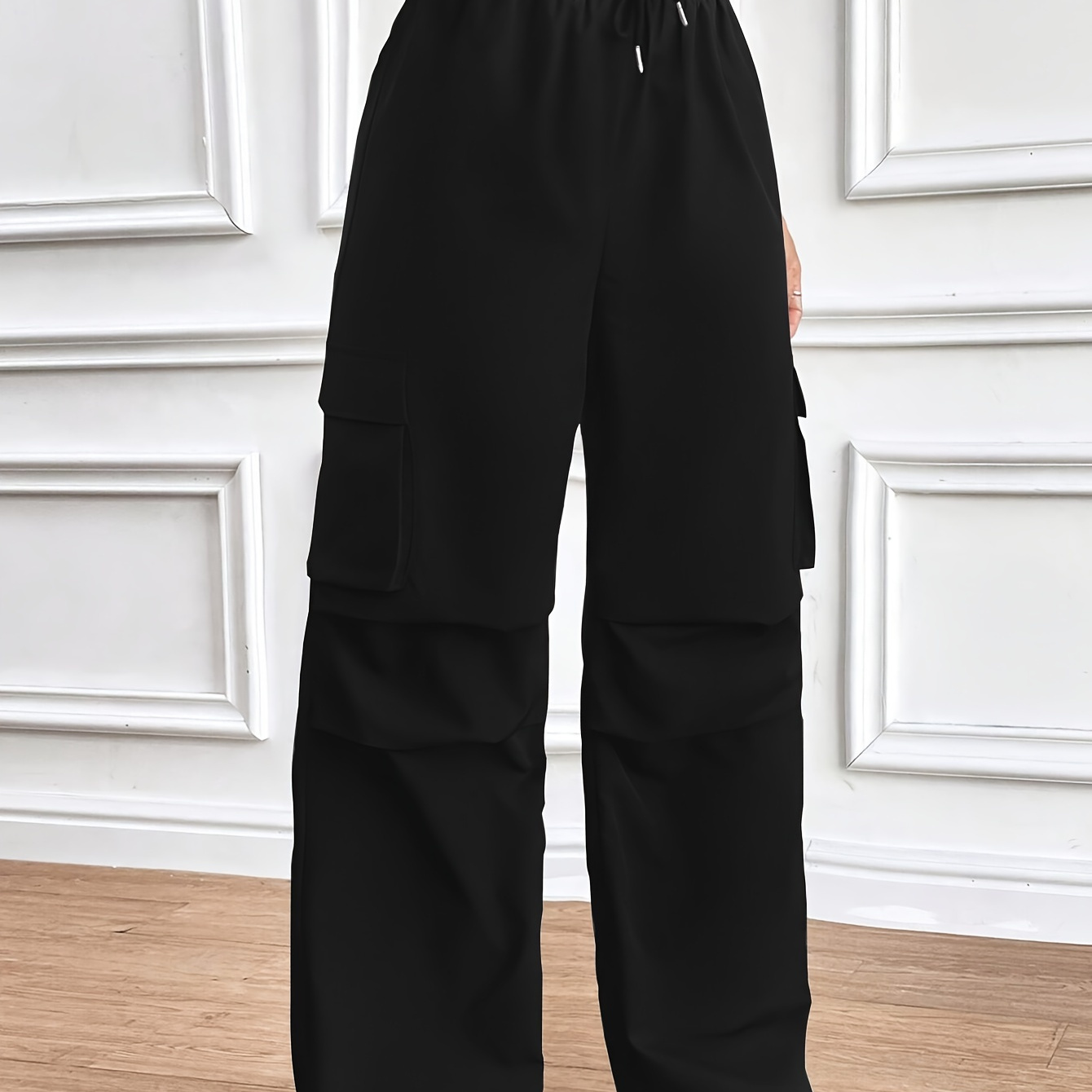 

Flap Pockets Wide Leg Pants, Casual Solid Color High Waist Cargo Pants For , Women's Clothing