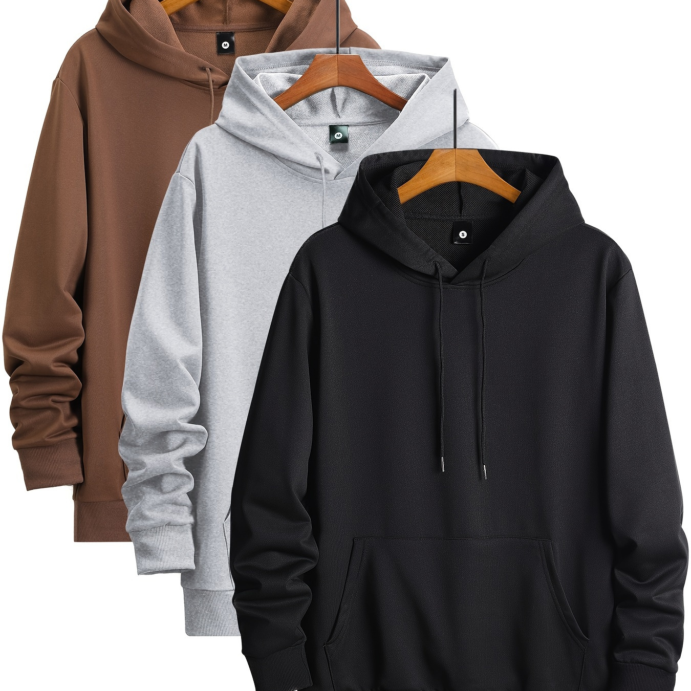 

Men' And Autumn Sports Fashion, 3-pack Set Of Solid Hooded Long Sleeve Sweatshirts With A Kangaroo Pocket, Casual Hoodies For Daily Outerwear