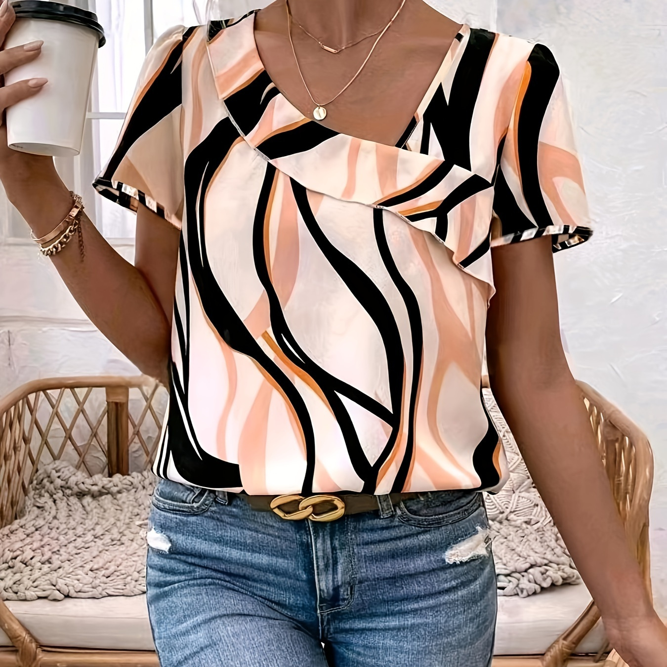 

Abstract Allover Print Asymmetric Neckline Blouse, Elegant Short Sleeve Colorblock Blouse, Women's Clothing