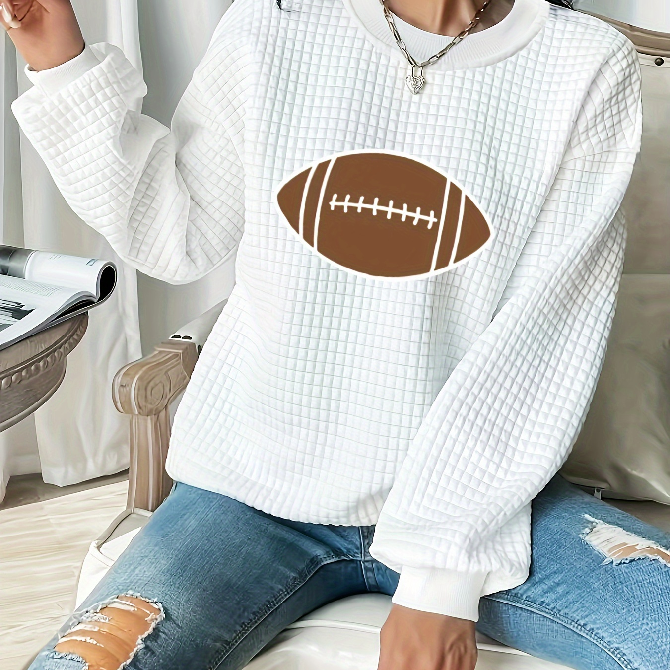 

Plus Size Football Print Pullover Sweatshirt, Casual Waffle Knit Long Sleeve Crew Neck Sweatshirt For Fall & Spring, Women's Plus Size Clothing