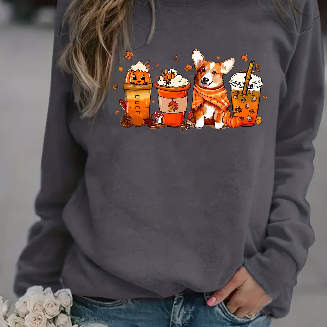 

Cute Corgi Print Sweatshirt, Casual Long Sleeve Crew Neck Sweatshirt For Spring & Fall, Women's Clothing