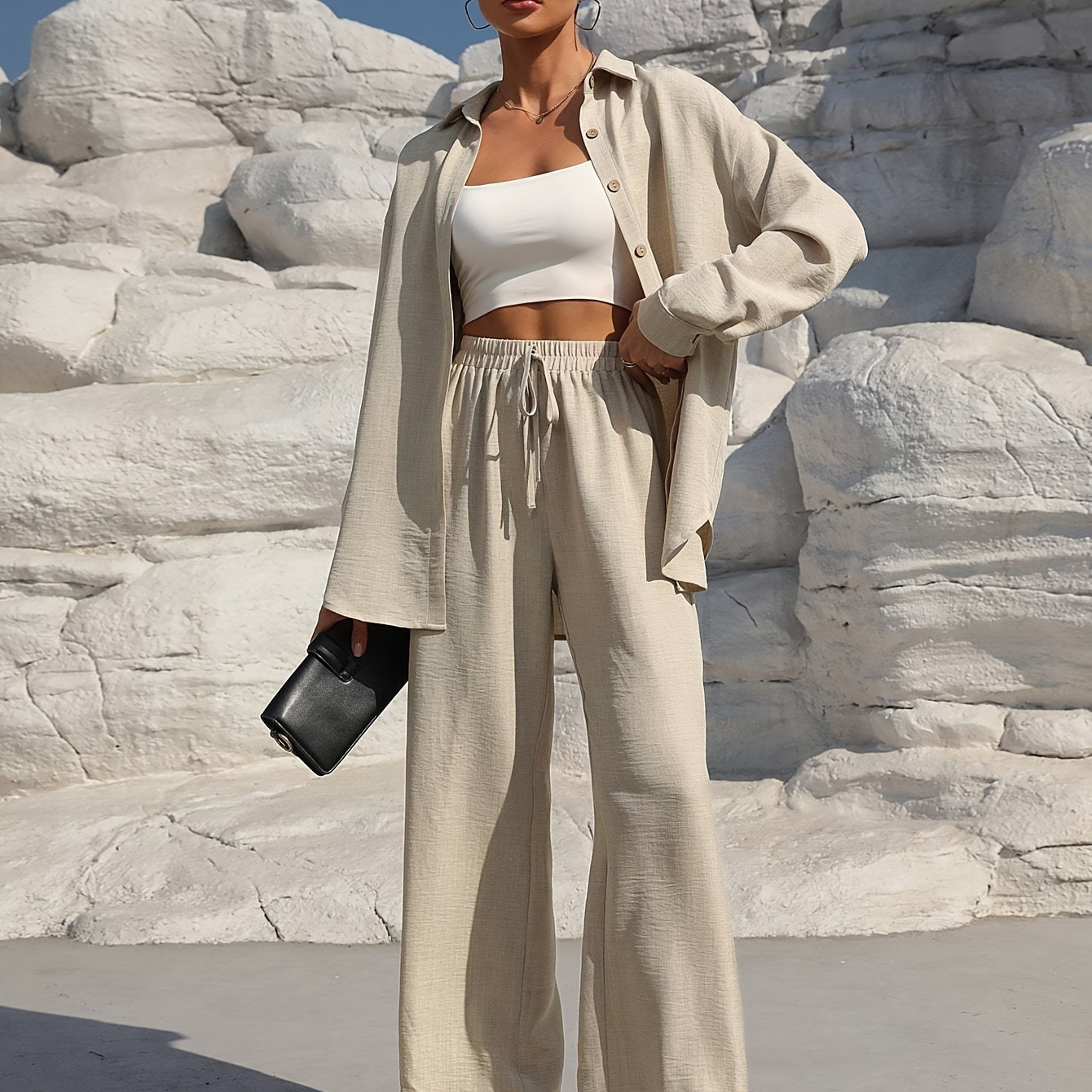 

Casual Solid Color Pants Set, Button Front Long Sleeve Blouse & Drawstring Waist Wide Leg Pants Outfits, Women's Clothing