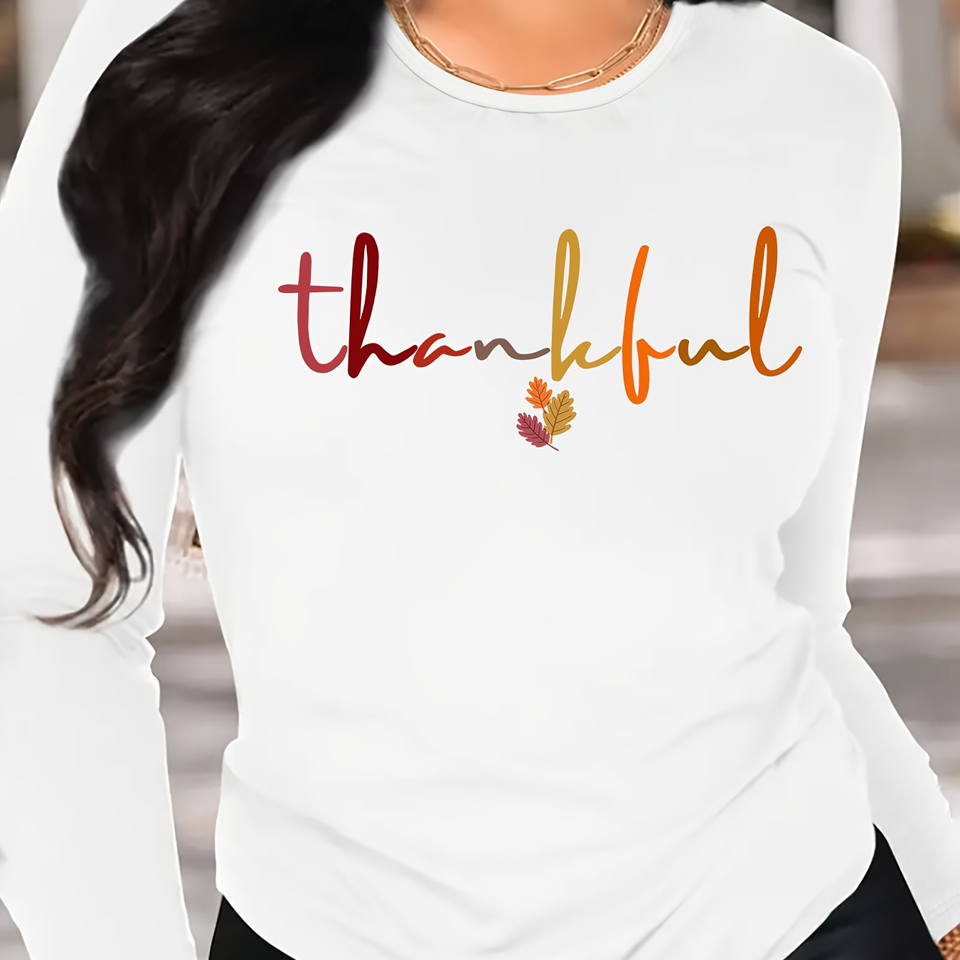 

Festive Thanksgiving Leaf Graphic Long Sleeve T-shirt For Women - Casual, Polyester Blend, Round Neckline, Stretchy Fabric, Perfect For Fall