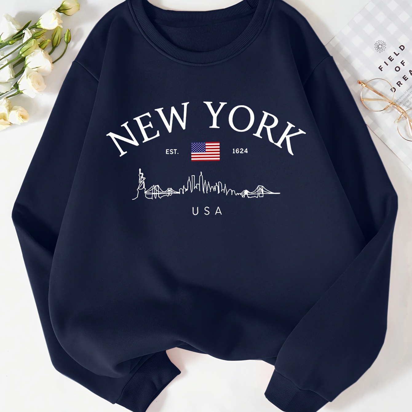 

Women's New 1624 Flag Neck Sweatshirt - Cozy Fleece-lined Casual Pullover, Long Sleeve, Fall & Winter, Essential Style, Casual Wear|relaxed Fit Apparel|polyester Sweatshirt