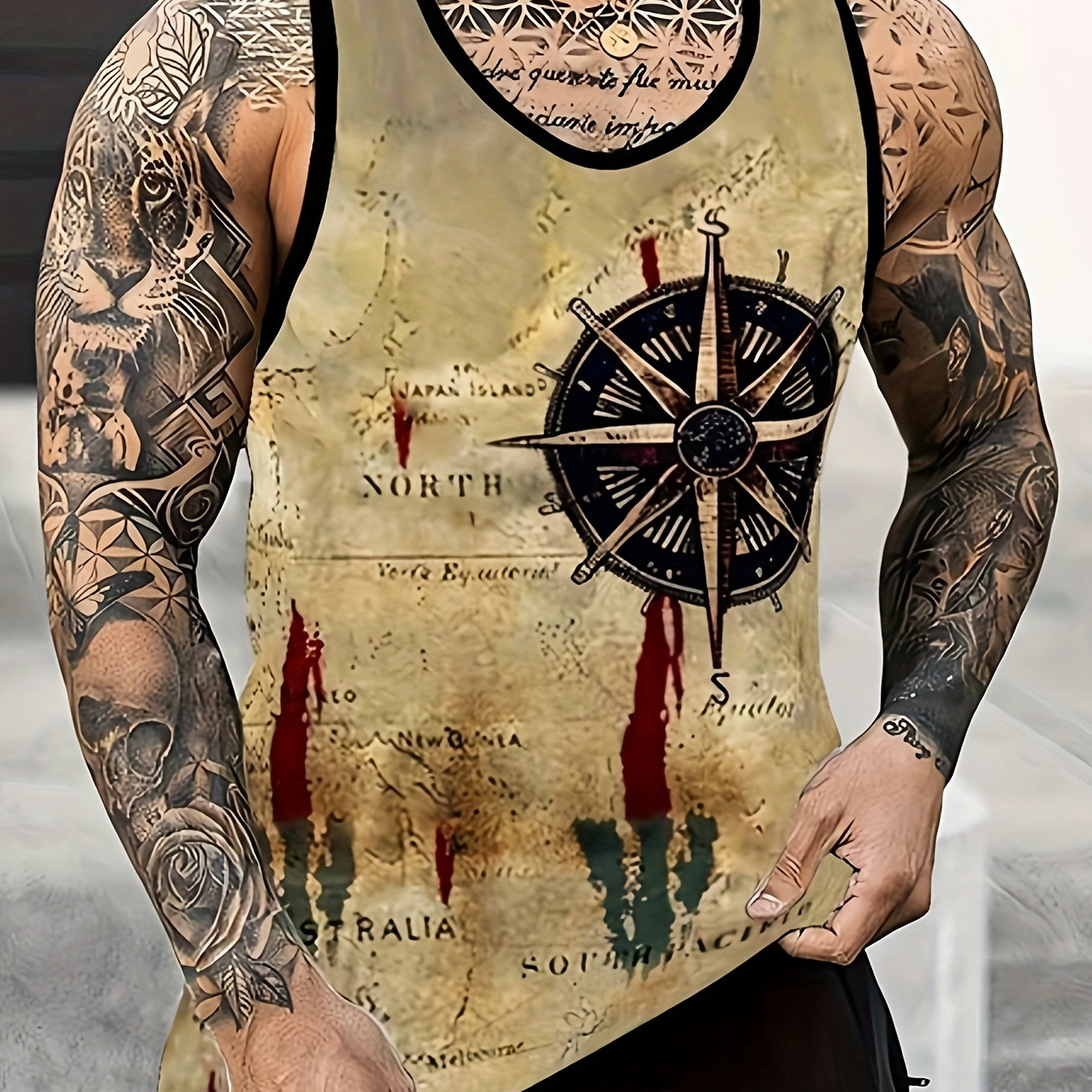 

Men's Trendy Crew Neck Graphic Tank Top With Fancy Print, Street Style For Summer Wear