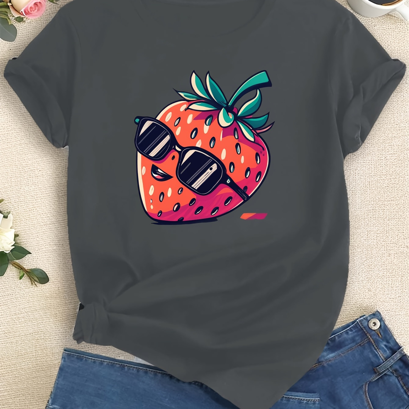

Cute Strawberry With Glasses Print T-shirt, Short Sleeve Crew Neck Casual Top For Summer & Spring, Women's Clothing