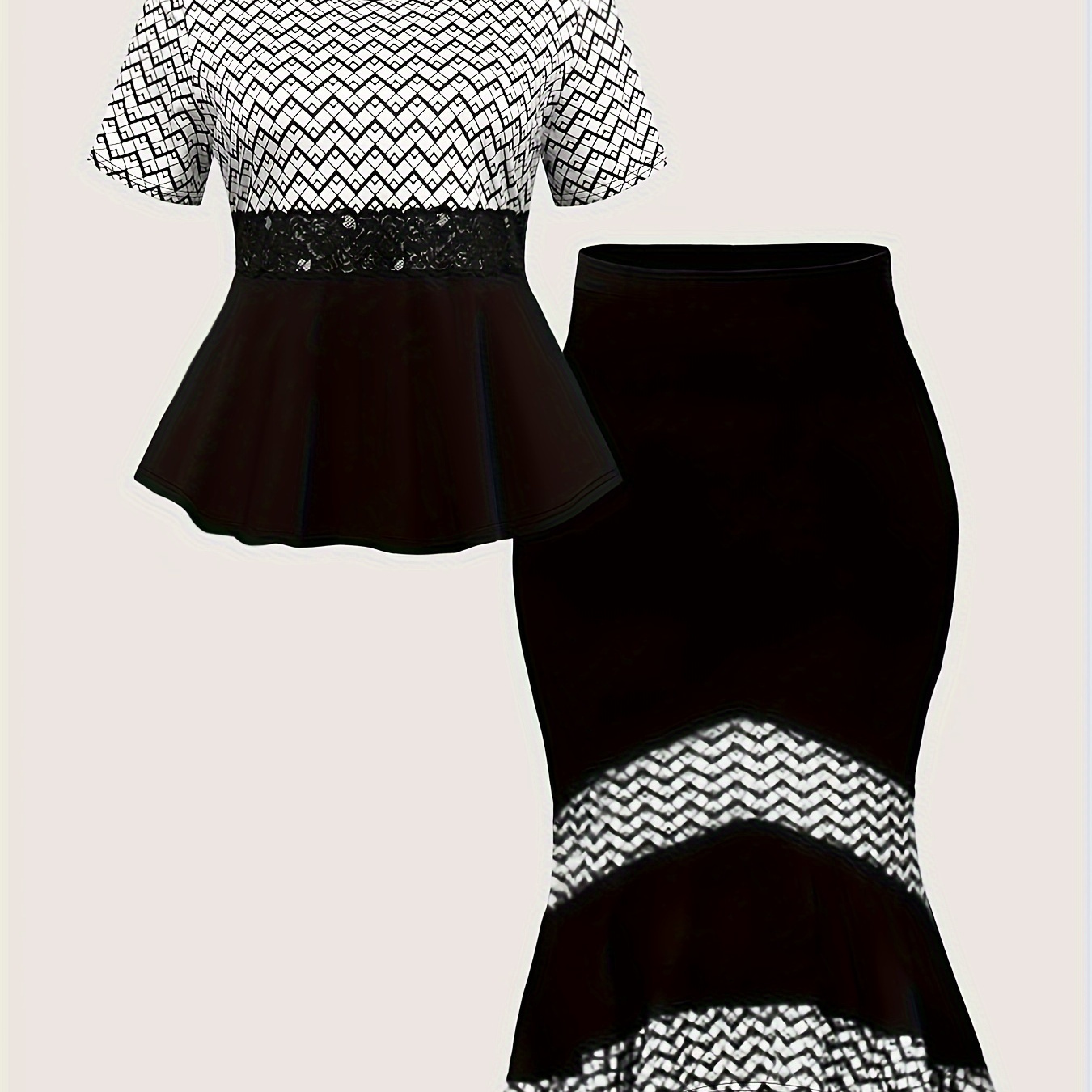 

Plus Size Elegant Geo Print Skirt Set, Crew Neck Short Sleeve Top & Skirt Outfits For Spring & Summer, Women's Plus Size Clothing