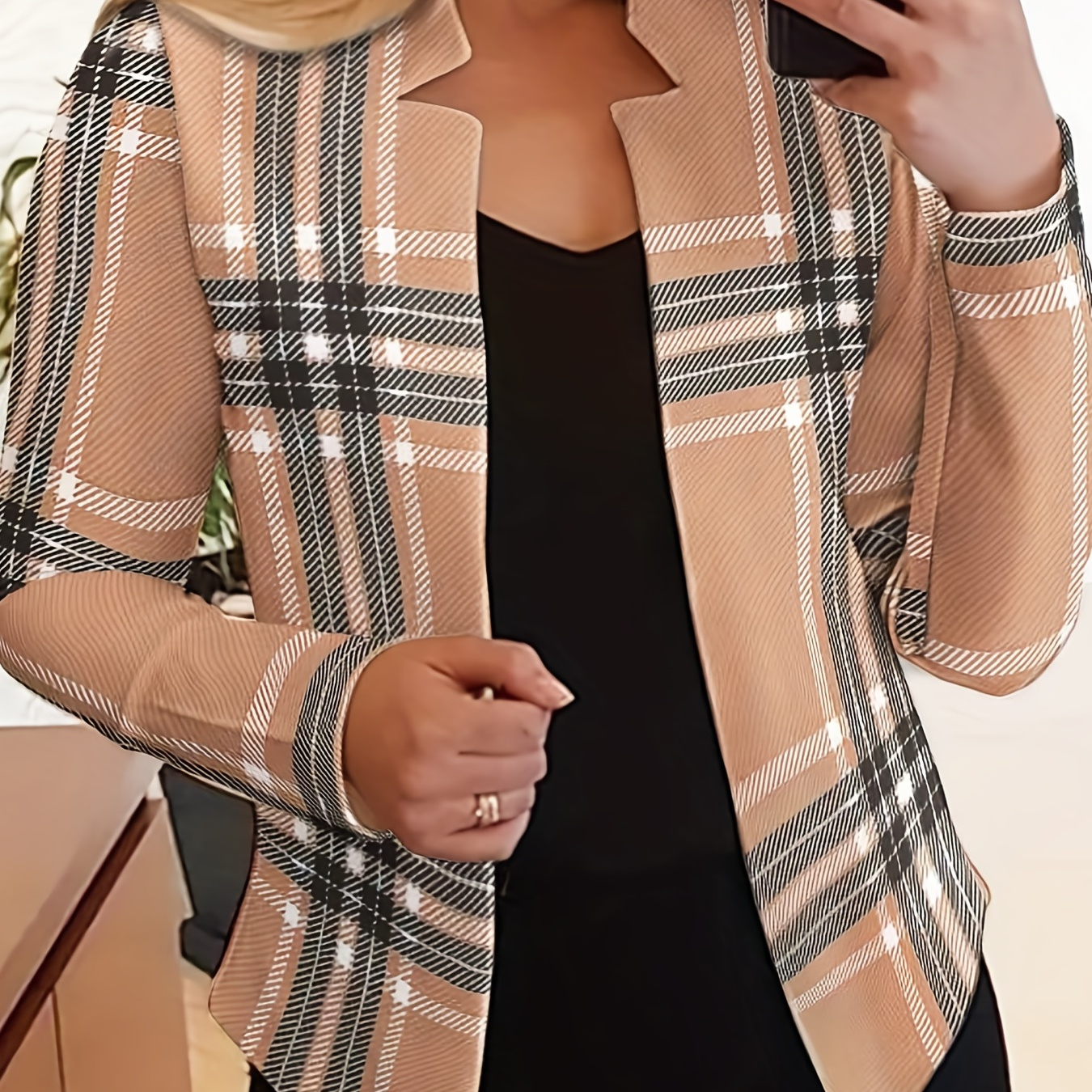 Plus Size Elegant Blazer, Women's Plus Plaid Print Long Sleeve Split Collar Open Front Slight Stretch Blazer