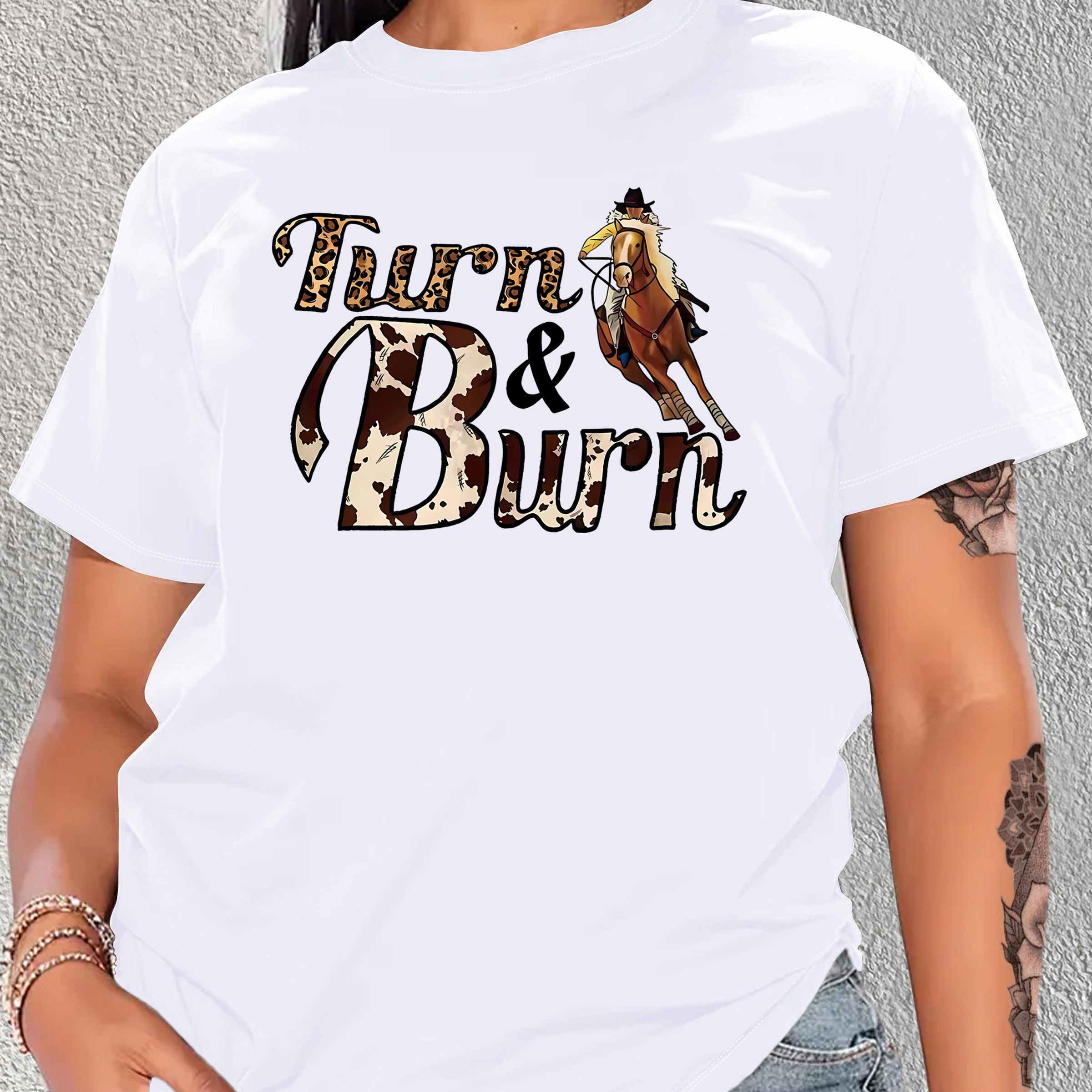 

Women's Casual Short Sleeve T-shirt With Cowboy & Horse Print, "turn & Burn" Leopard Lettering, Fashion Round Neck Tee