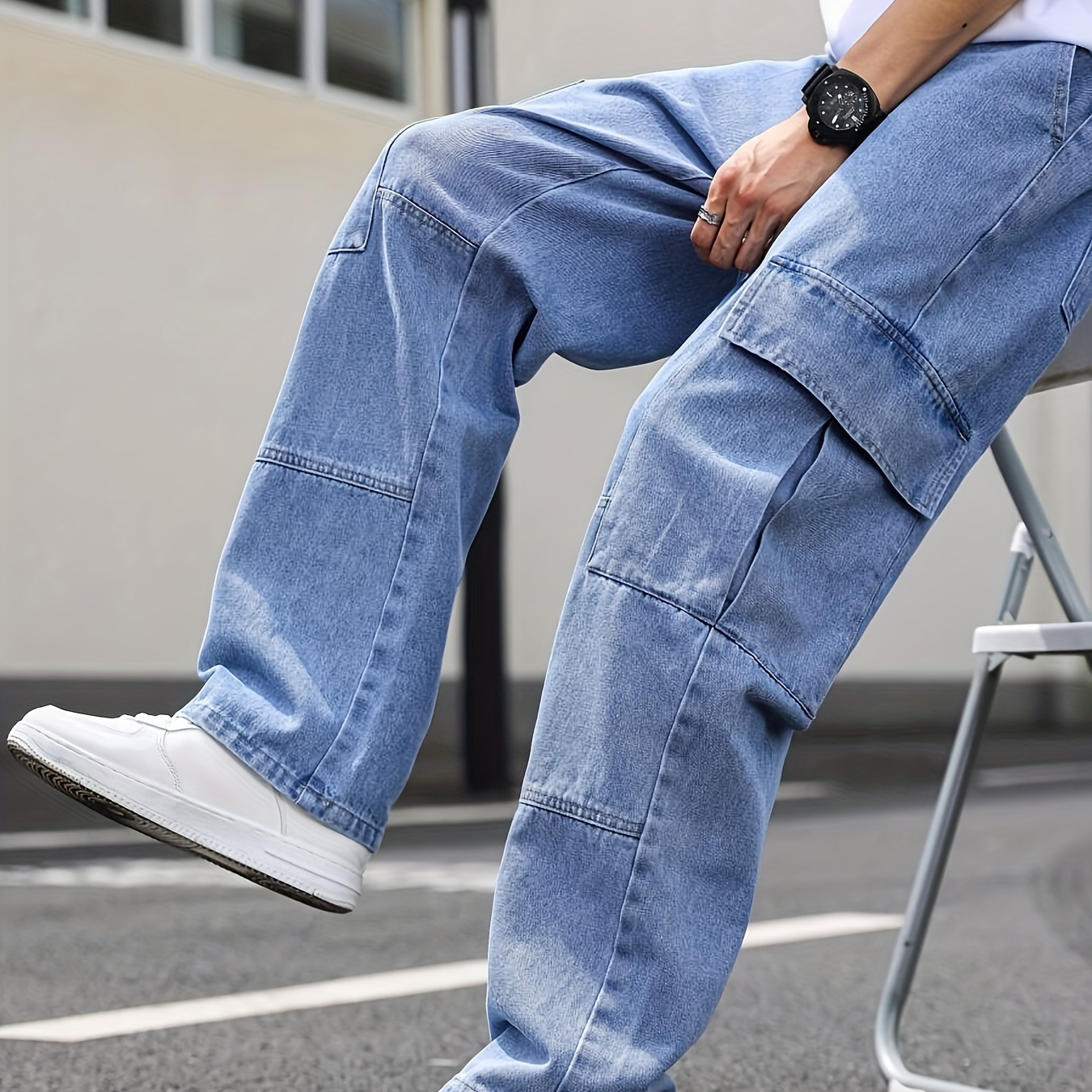 

Men's Solid Wide Leg Long Straight Cargo Denim Pants For Daily Life