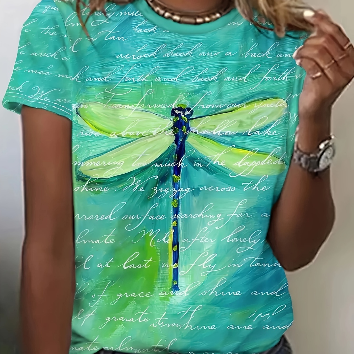 

Plus Size Dragonfly Print T-shirt, Casual Short Sleeve Crew Neck Top For Spring & Summer, Women's Plus Size Clothing