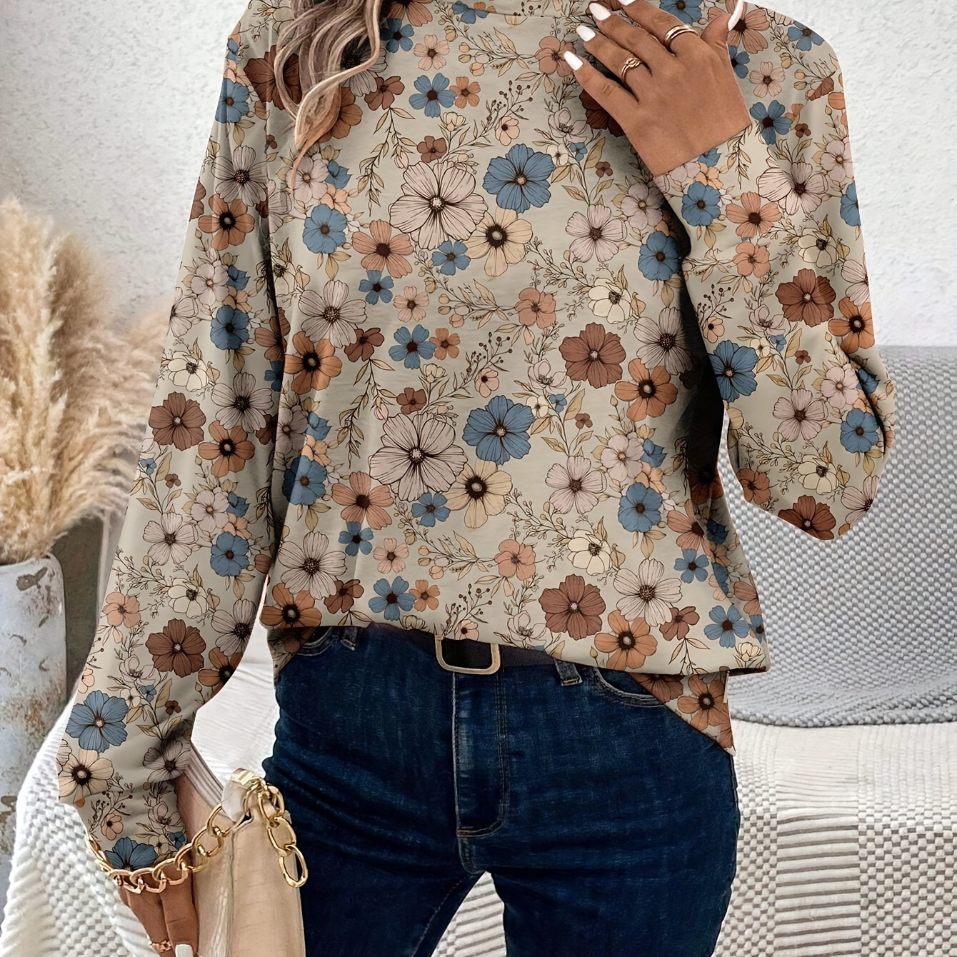 

Elegant Floral Print Lantern Sleeve Blouse - 100% Polyester Knit Fabric, Crew Neck, Medium Stretch, Regular Fit Long Sleeve T-shirt For Women Spring/fall