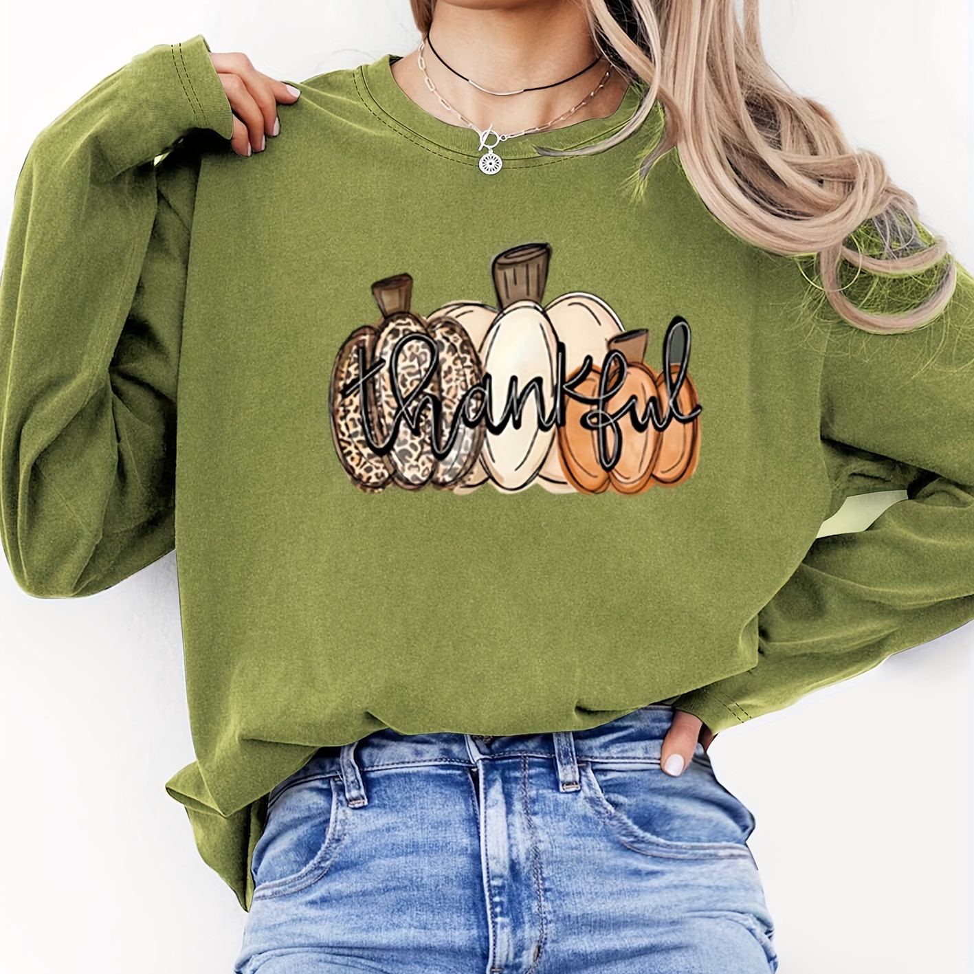 

Pumpkins Plus Size T-, Round Long Sleeve Top, Women's Clothing