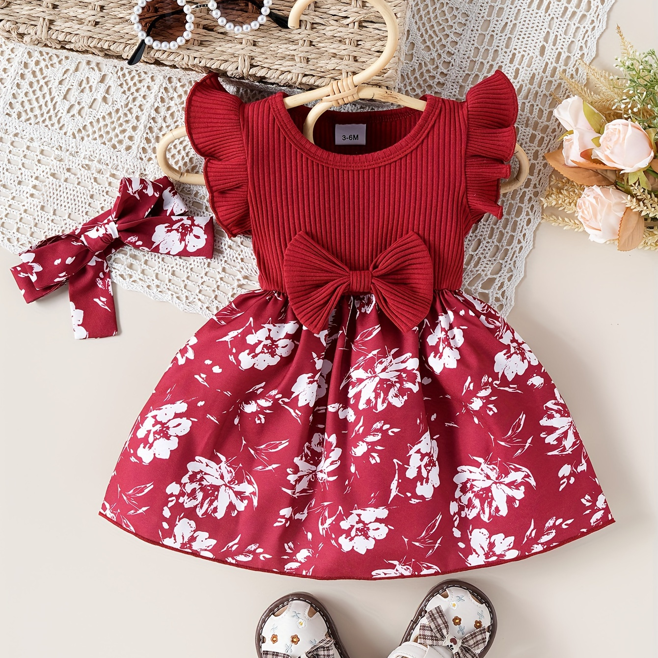 

Baby's Flower Pattern Splicing Ribbed Dress & Headband, Casual Bowknot Decor Cap Sleeve Dress, Infant & Toddler Girl's Clothing For Summer/spring, As Gift