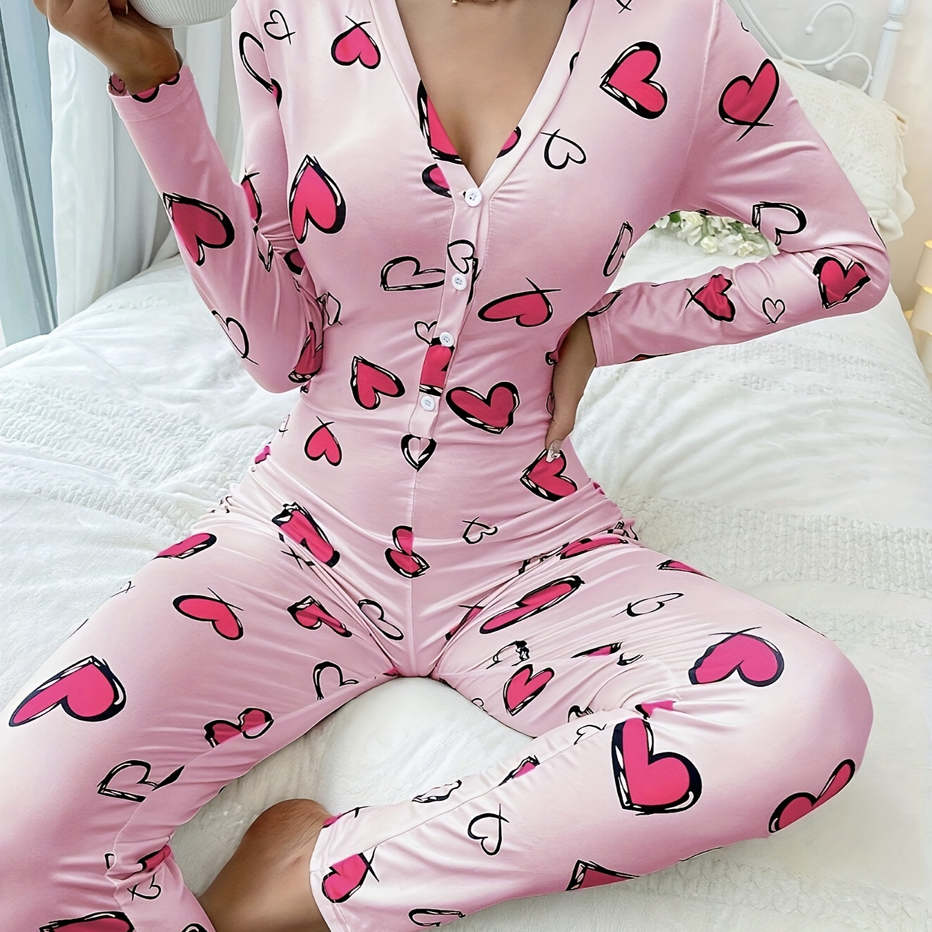 

1pc Women's Sexy Heart -piece Pajamas, Long Sleeve And Pants, Polyester, Deep V-neck, Adult Sleepwear For Autumn/winter