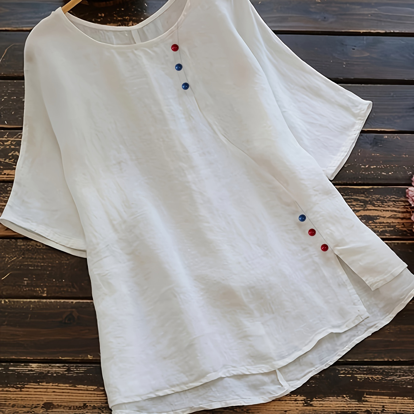 

Plus Size Button Decor Crew Neck Slit Blouse, Casual Short Sleeve Blouse For Spring & Summer, Women's Plus Size Clothing