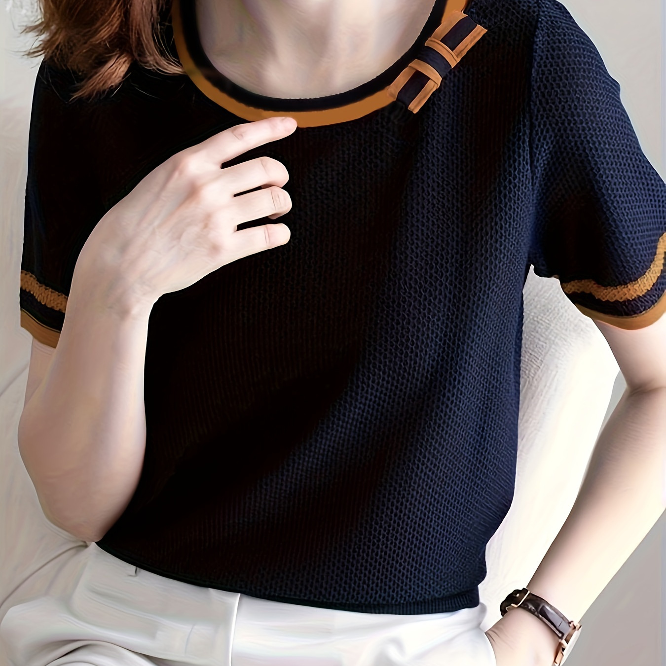 

Contrast Trim Bow Decor Sweater, Casual Crew Neck Short Sleeve Pullover Knitted Top For Spring & Summer, Women's Clothing