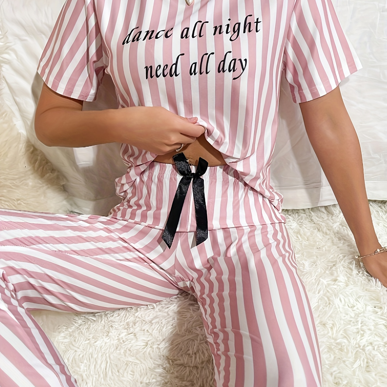 

Women's Slogan & Stripe Print Casual Pajama Set, Short Sleeve Round Neck Top & Bow Pants, Comfortable Relaxed Fit