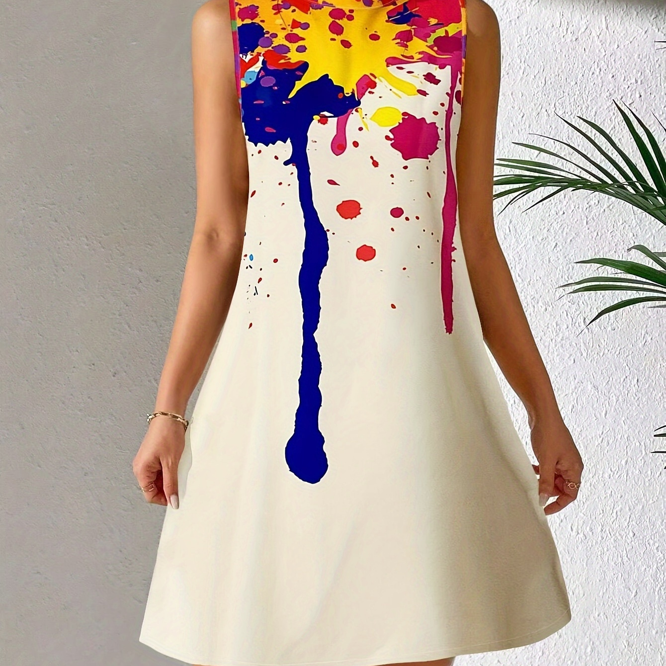 

Abstract Print Mock Neck Tank Dress, Elegant Sleeveless Keyhole Dress For Spring & Summer, Women's Clothing