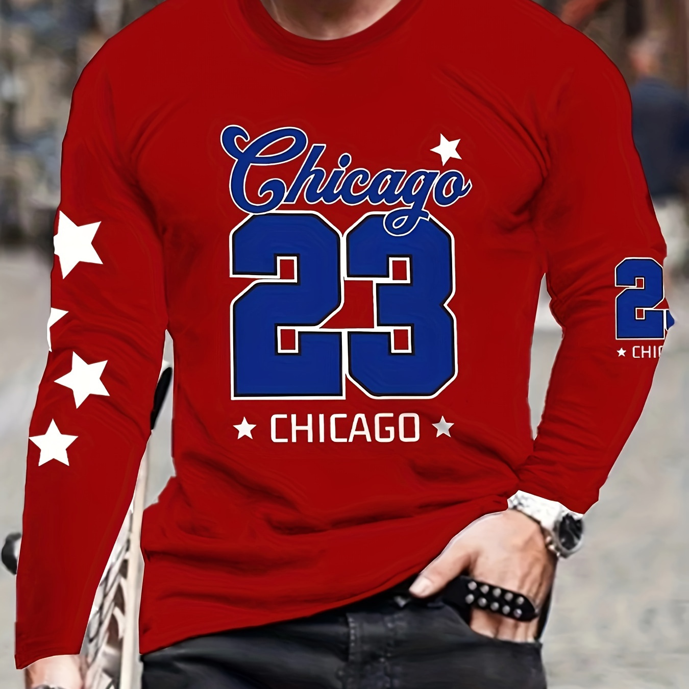 

Men's Chicago 23 Print Long Sleeve T-shirt, Casual Polyester Streetwear, Round Neck, Stretch Fabric, Full Body Graphic, Regular Fit, , For Daily And Casual