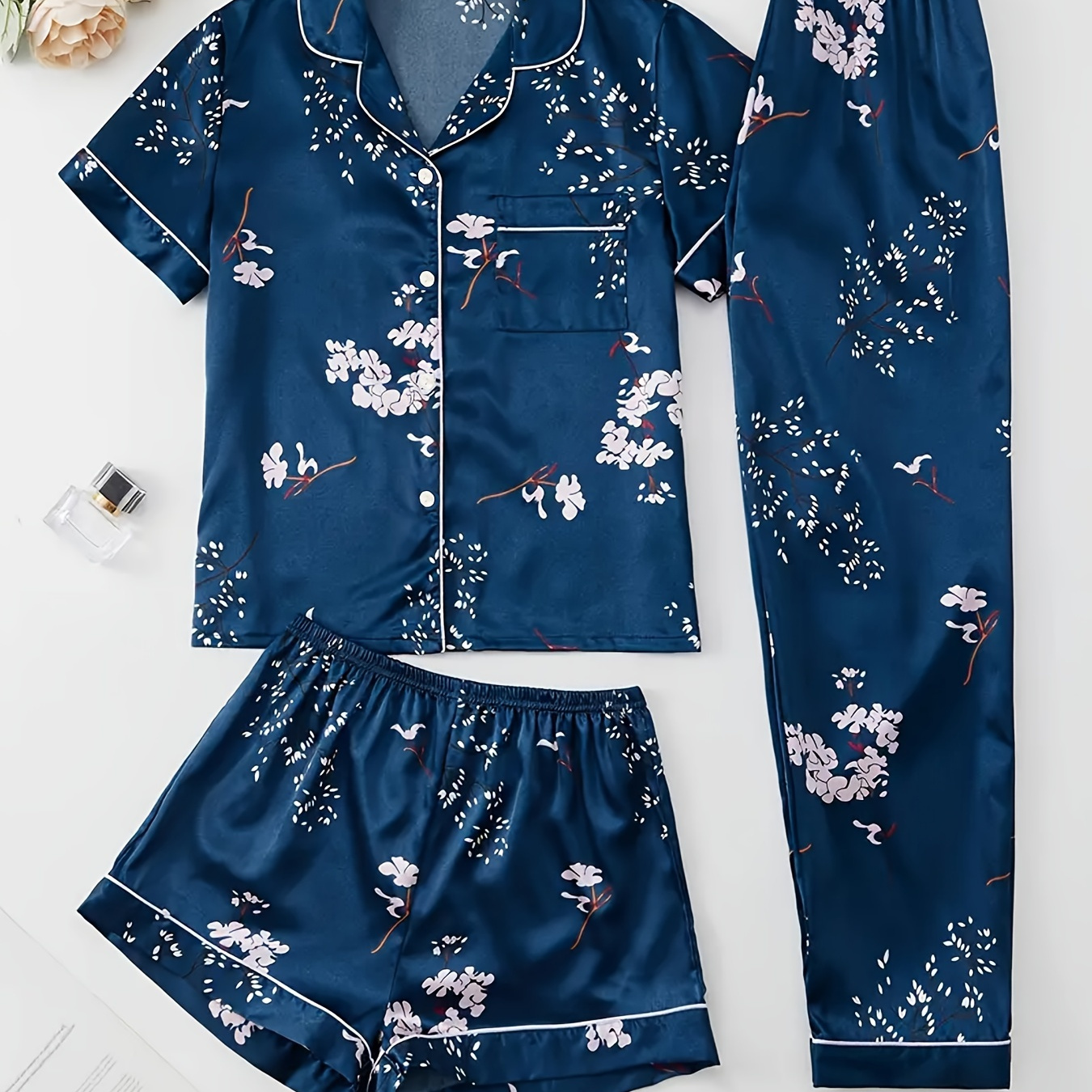 

Women's Floral Print Satin Elegant Pajama Set, Short Sleeve Buttons Lapel Top & Shorts & Pants, Comfortable Relaxed Fit
