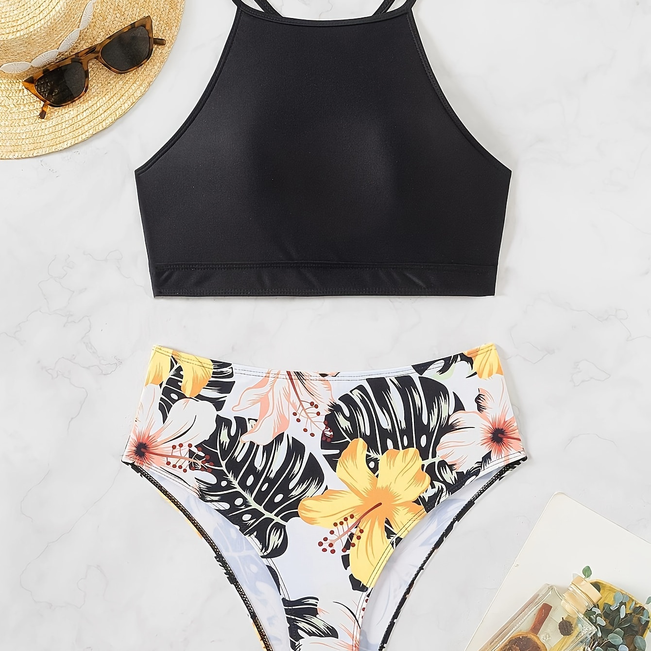 

Tropical Print 2 Piece Set Bikini, Round Neck High Waist Swimsuits, Women's Swimwear & Clothing