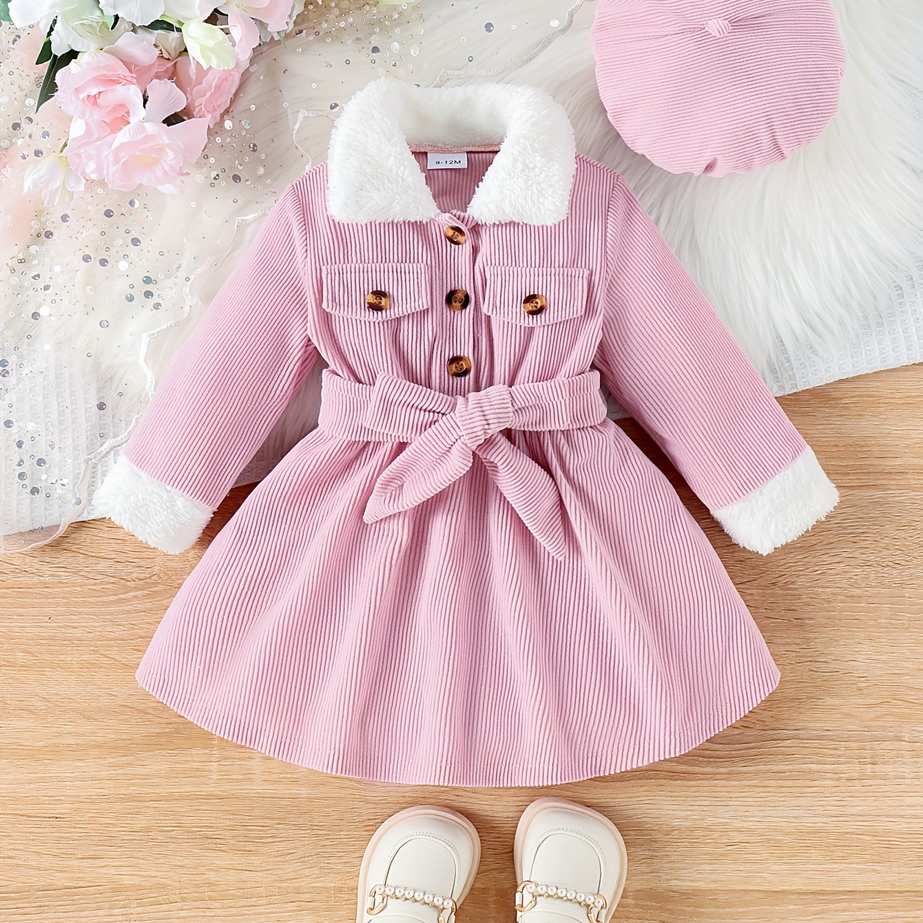 

Baby's Elegant Fuzzy Collar Corduroy Long Sleeve Dress + Hat + Belt, Infant & Toddler Girl's Dress For Daily Wear/holiday/party, As Gift