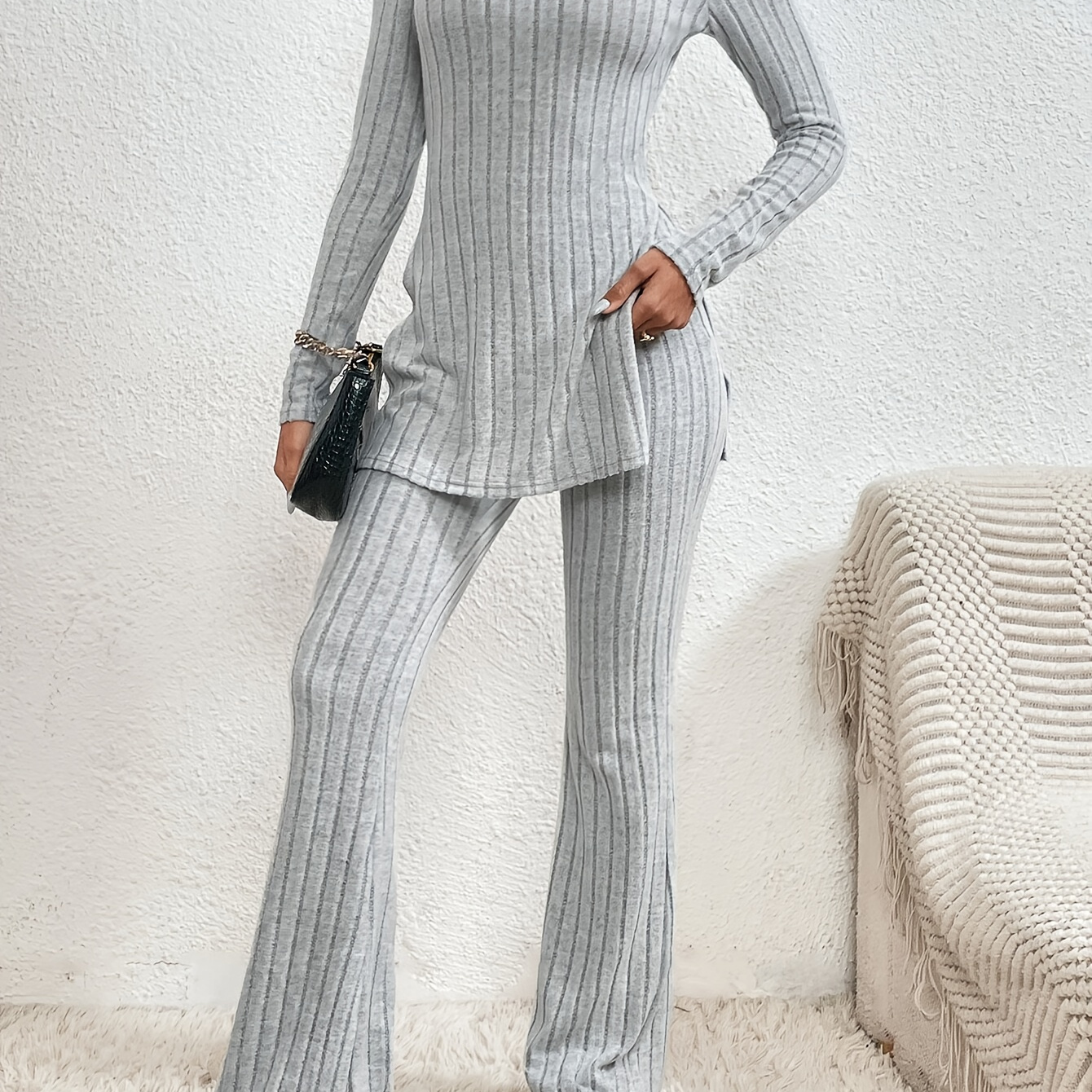 

Solid Color Ribbed Casual Pantsuits, Side Split Long Sleeve Crew Neck Top & High Waist Pants Outfits, Women's Clothing