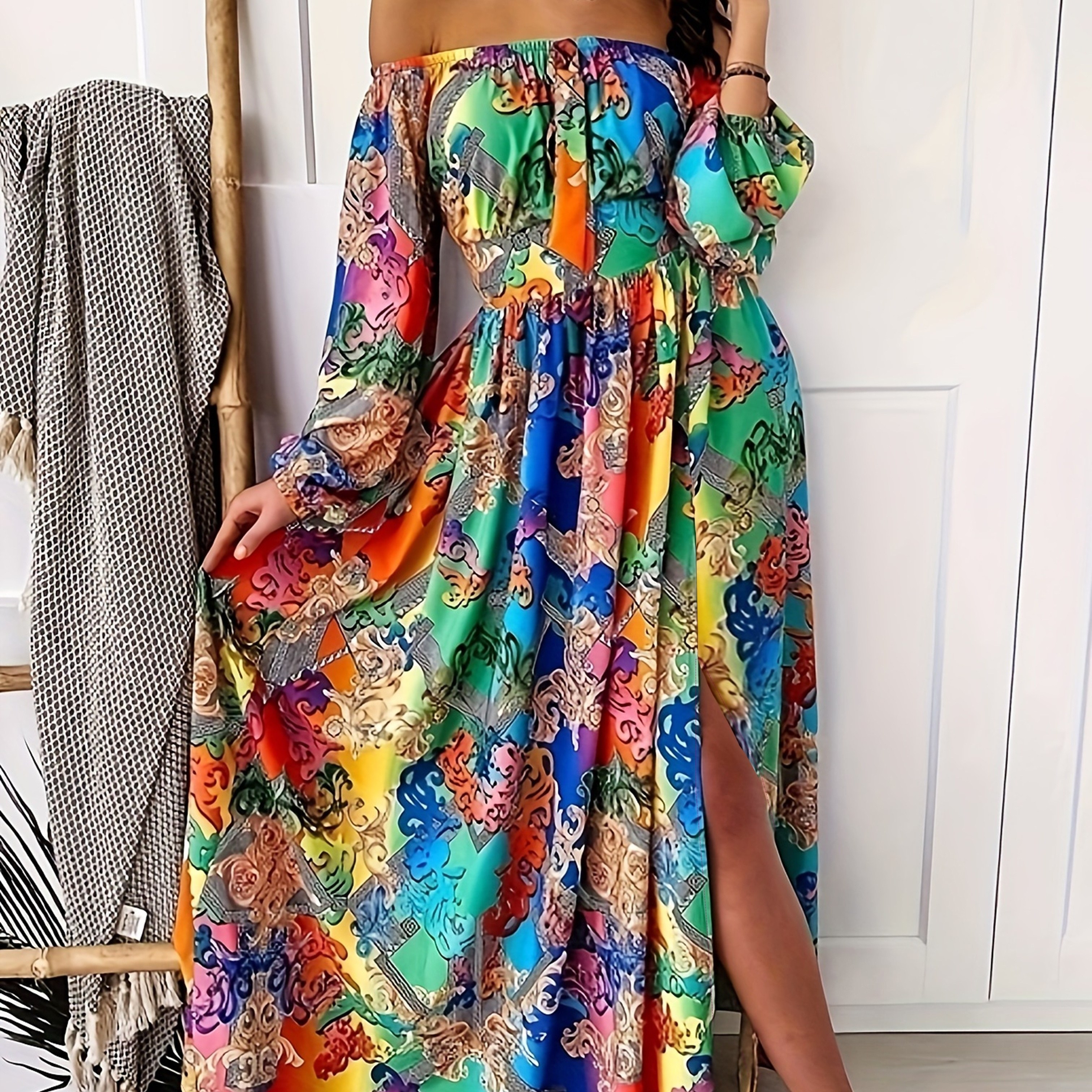 

Allover Print Off Shoulder Dress, Elegant Long Sleeve Dress For Spring, Women's Clothing
