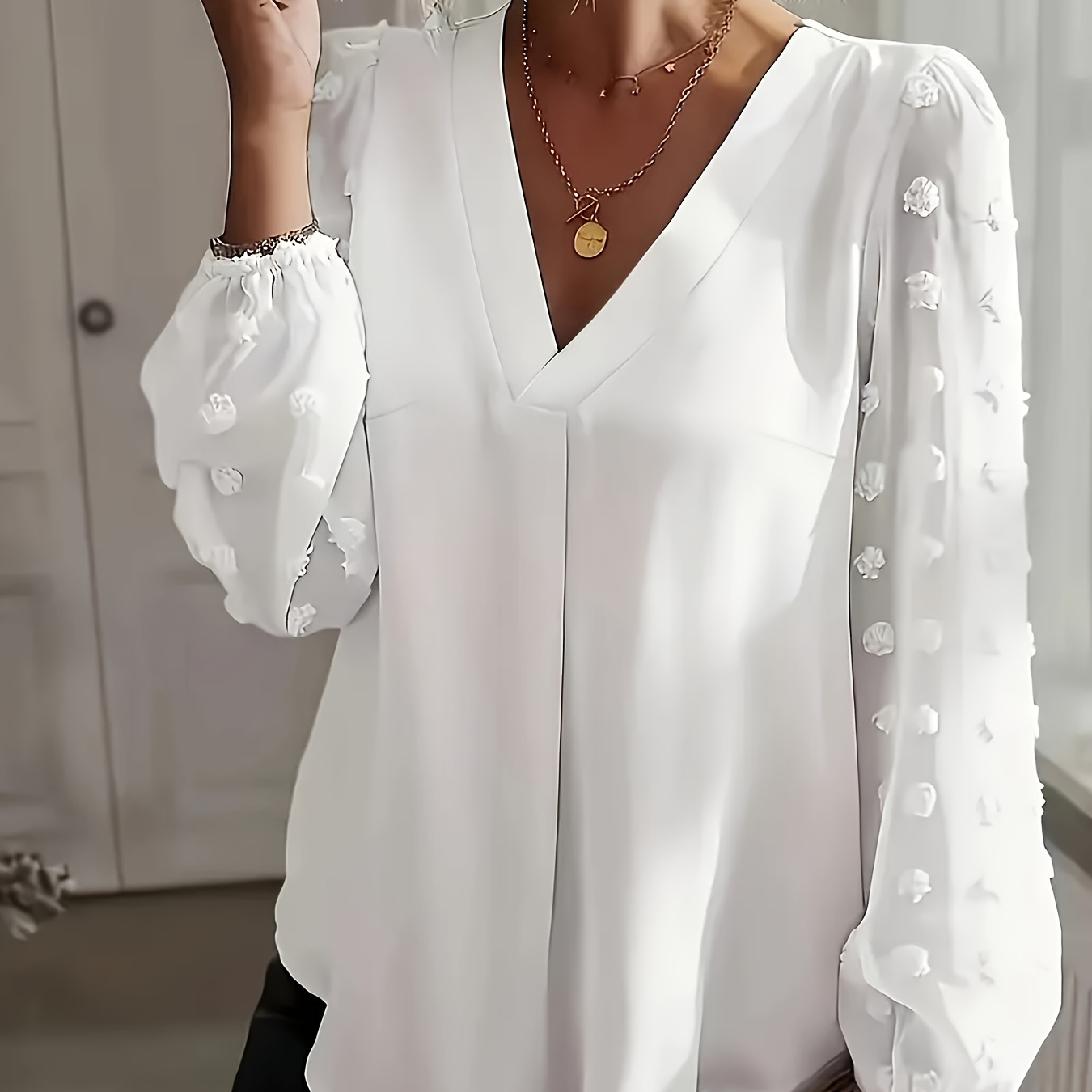 

Women's Elegant V-neck Shirt With Pom Pom Detail, Swiss Dot Pattern, Plus Size, Long Sleeve, Polyester 100%, Non-stretch, Woven Fabric, 120g/m², For Spring/fall Season