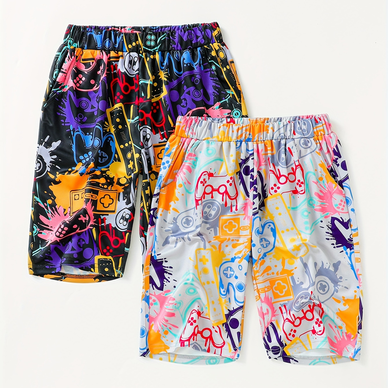 

2pcs Boys Casual Comfortable Colorful Gamepad Print Shorts, Elastic Waist Slightly Stretch Shorts For Summer Beach Vacation Outdoor