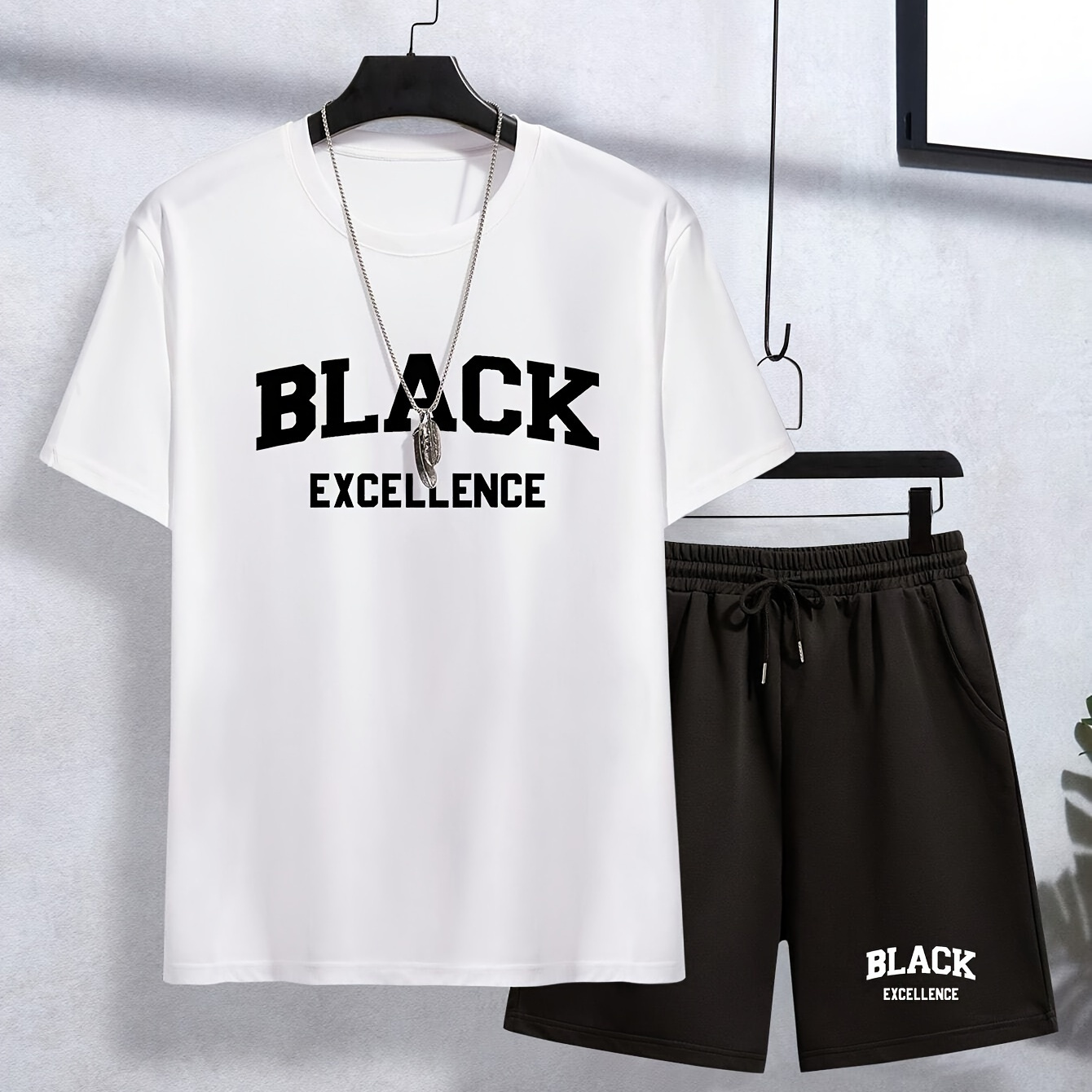 

Youth Boys Casual Outfit Set, Black Excellence Print, Comfortable Leisure Style, T-shirt And Shorts