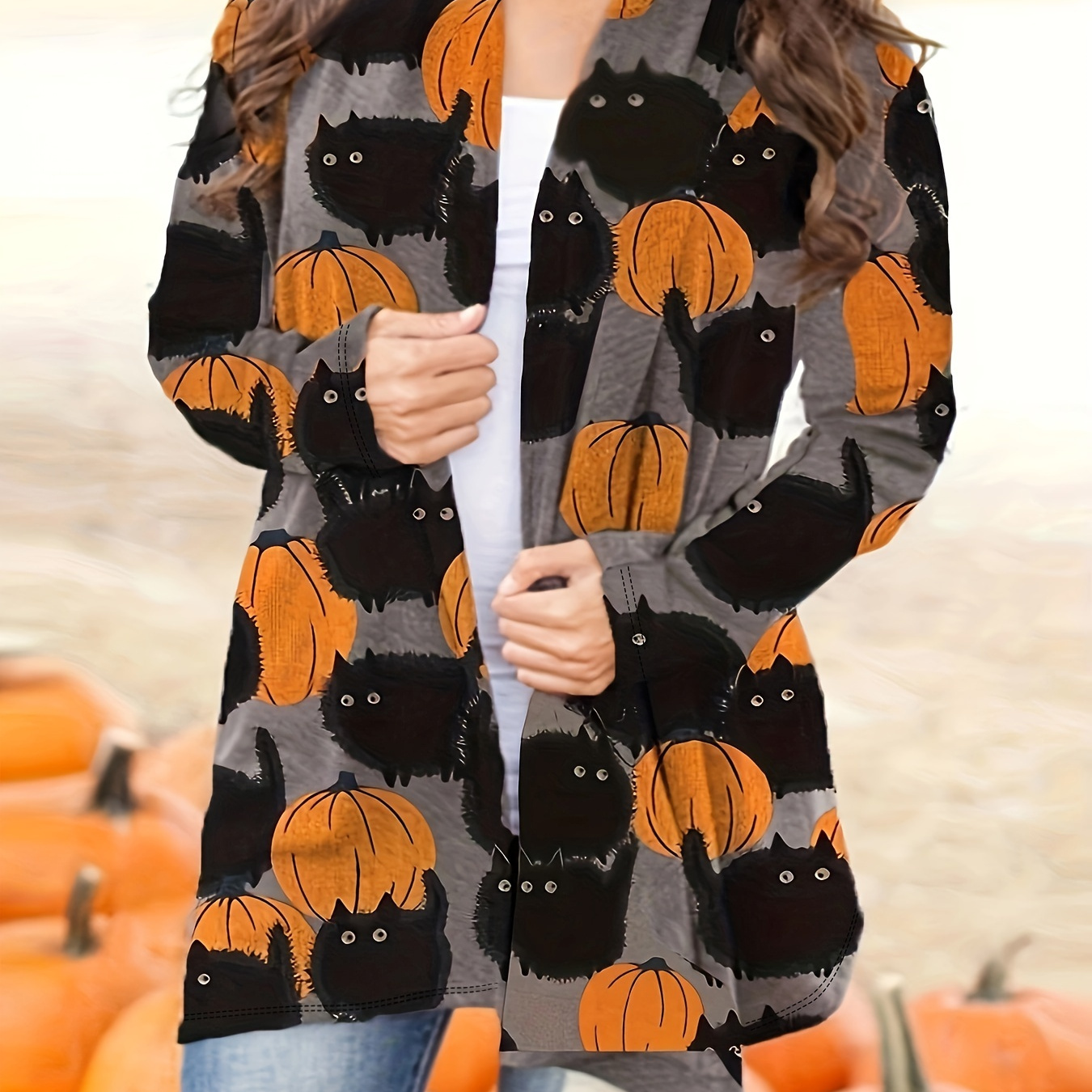 Plus Size Halloween Coat, Women's Pus Allover Cat & Pumpkin Print Long Sleeve Open Front Medium Stretch Cardigan Overcoat