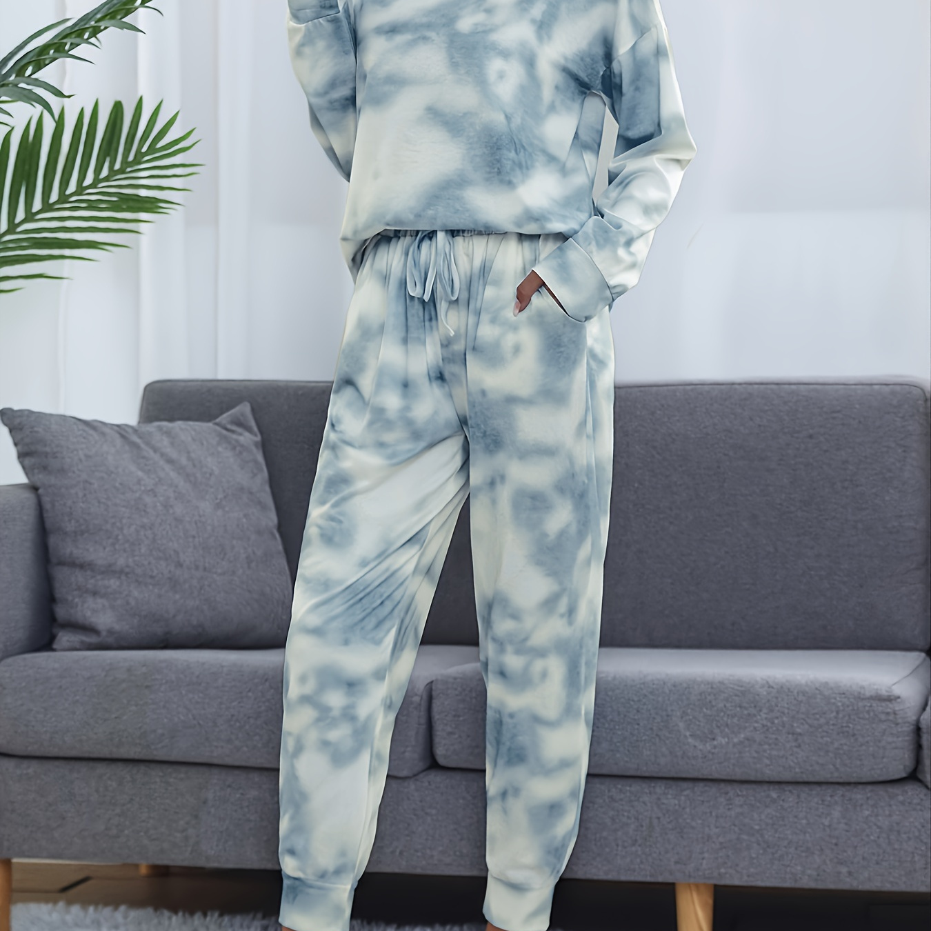 Tie Dye Print Lounge Set, Long Sleeve Crew Neck Top & Elastic Waistband Pants, Women's Loungewear & Sleepwear