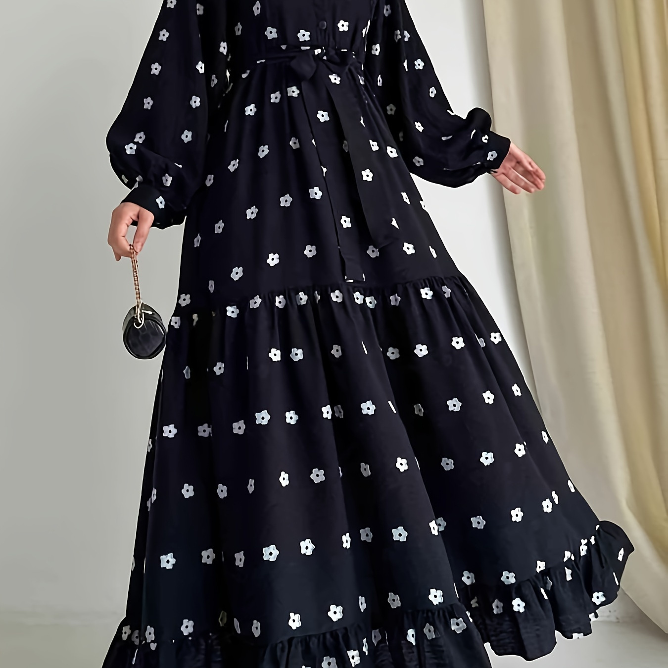 

Robe longue boutonnée à col montant à imprimé floral, élégante robe longue à manches longues avec ceinture pour le printemps et l'automne, vêtements pour femmes.