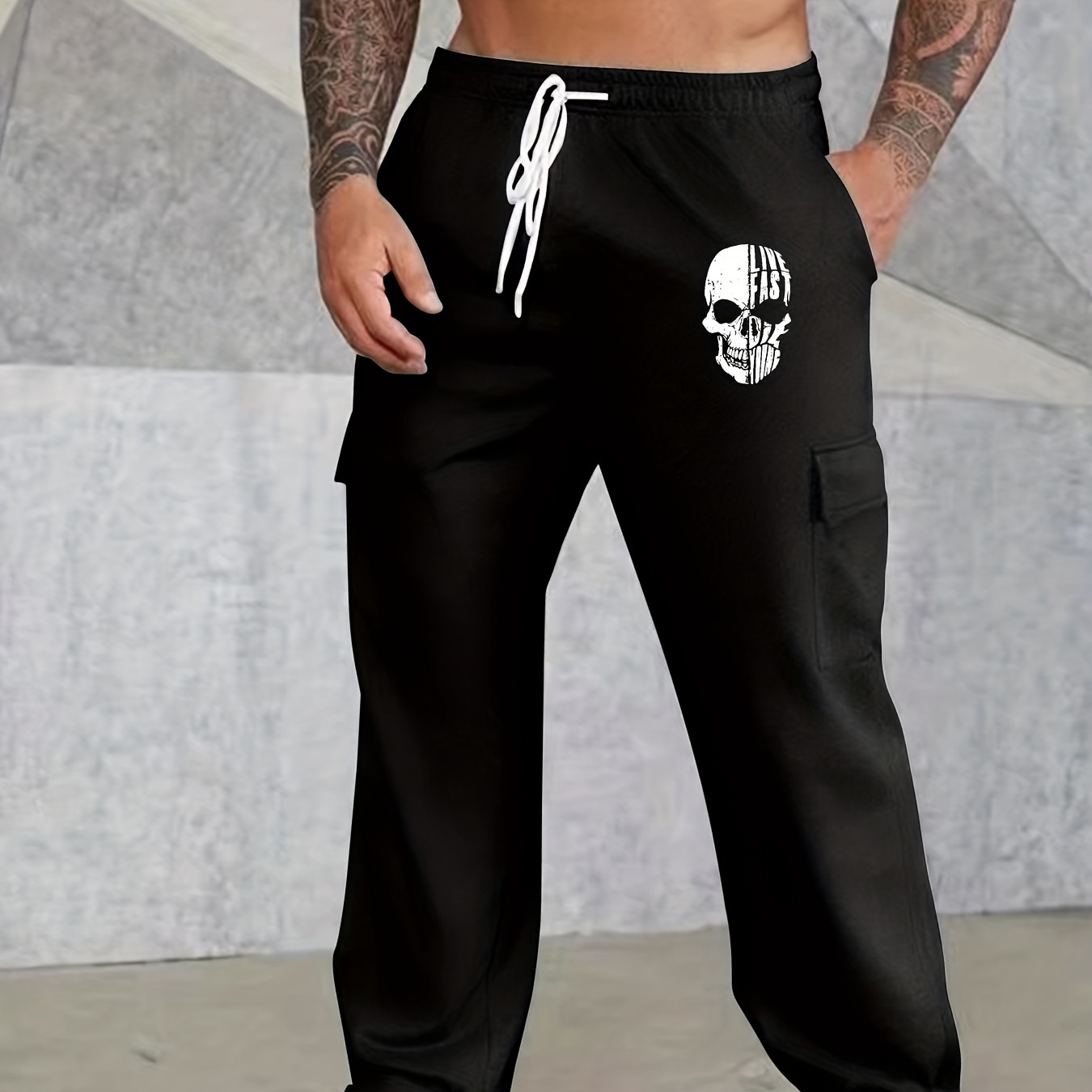 

Men's Skull/heart Graphic Print Fleece Pants For Workout/sports, Causal Trendy Oversized Pants For Cool Males, Plus Size
