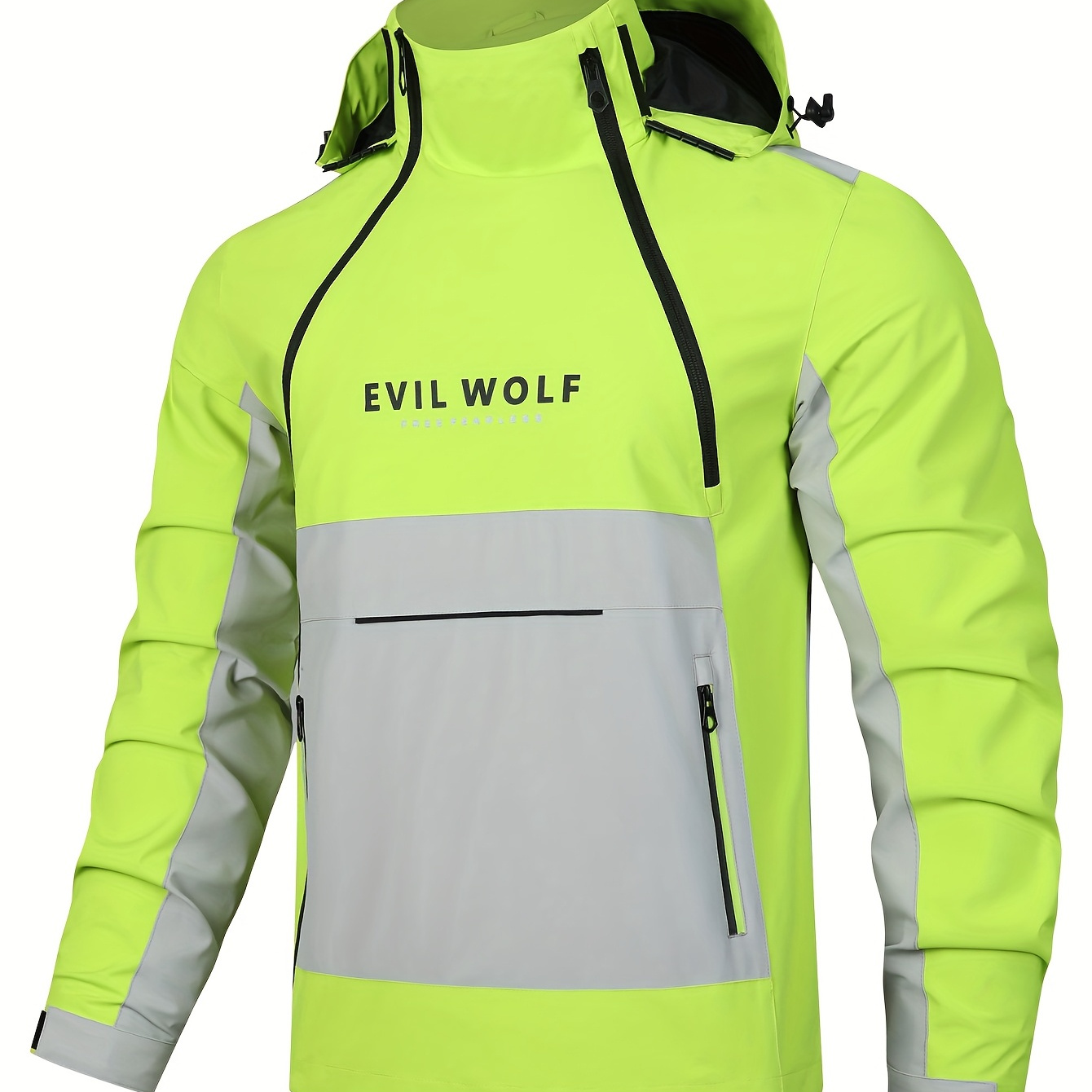 

Evil Wolf Men's Lightweight Hooded Jacket, Casual Animal Print Windproof Outerwear, Polyester Long Sleeve Zip-up With Pockets, For Daily & Casual Use